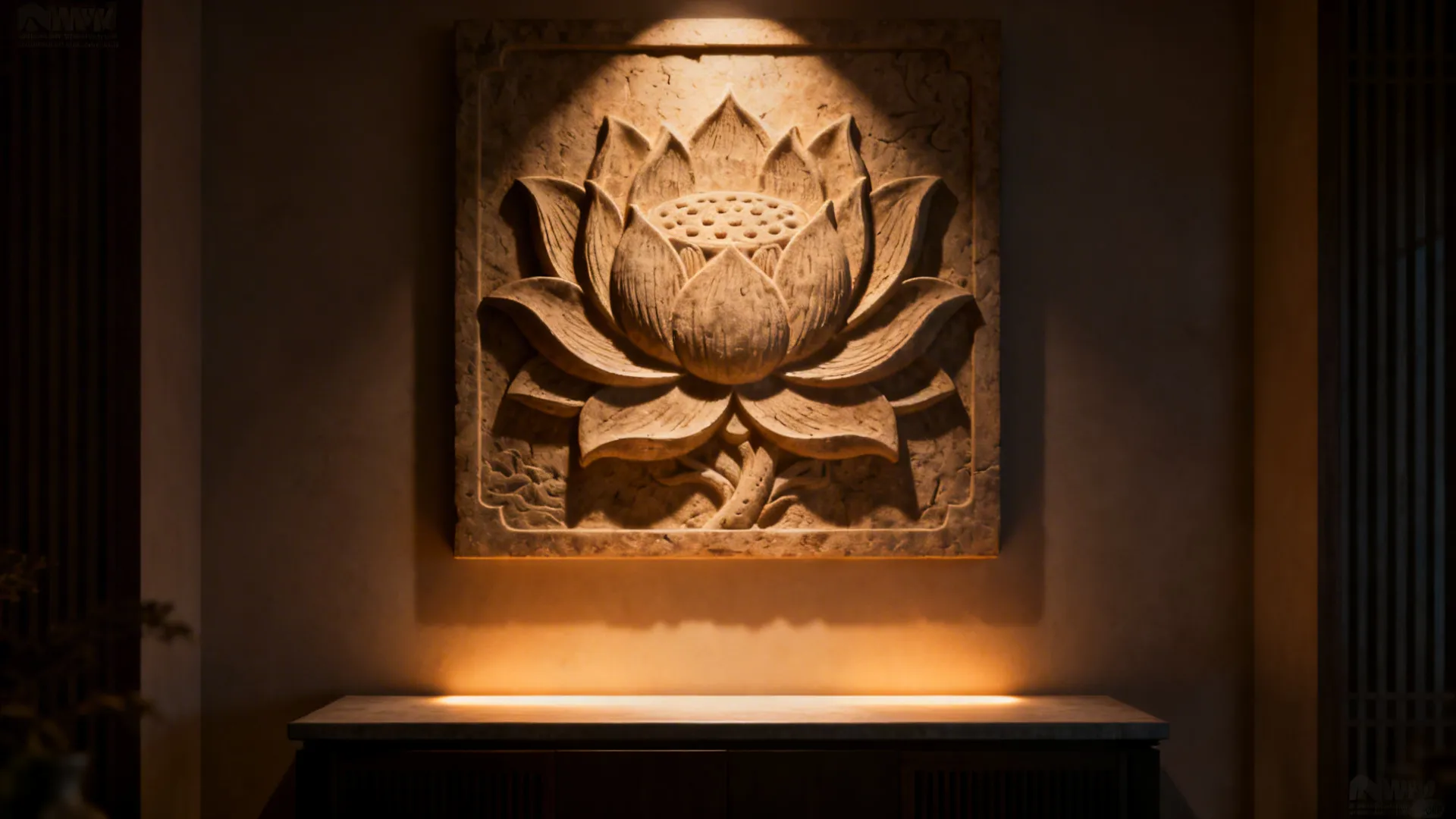 Carved lotus relief panel above a console highlighted by a soft LED wash.