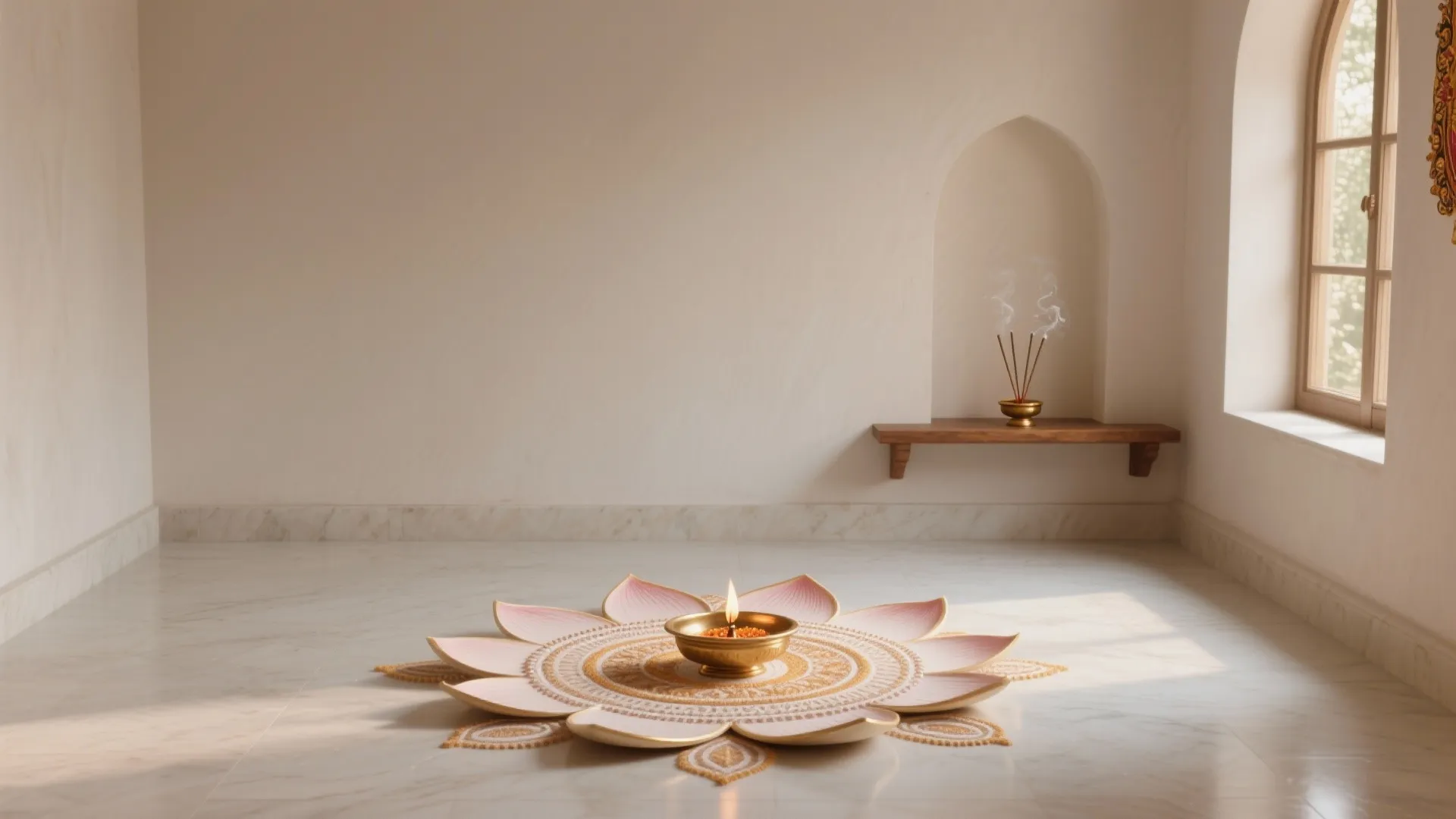 Empty white room featuring a lotus shaped floor decoration with a candle and incense sticks