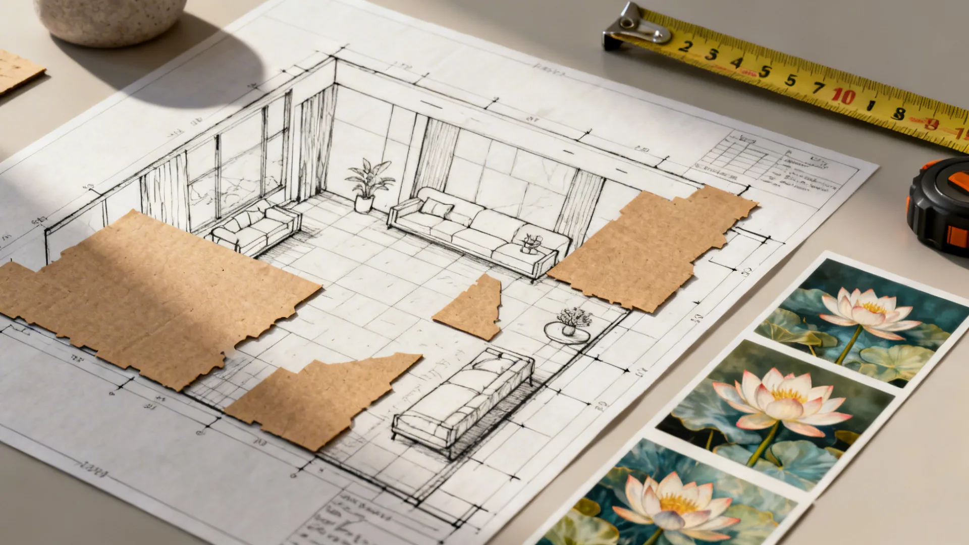 Top-down view of a room planner sketch with kraft paper cutouts and lotus artwork samples.