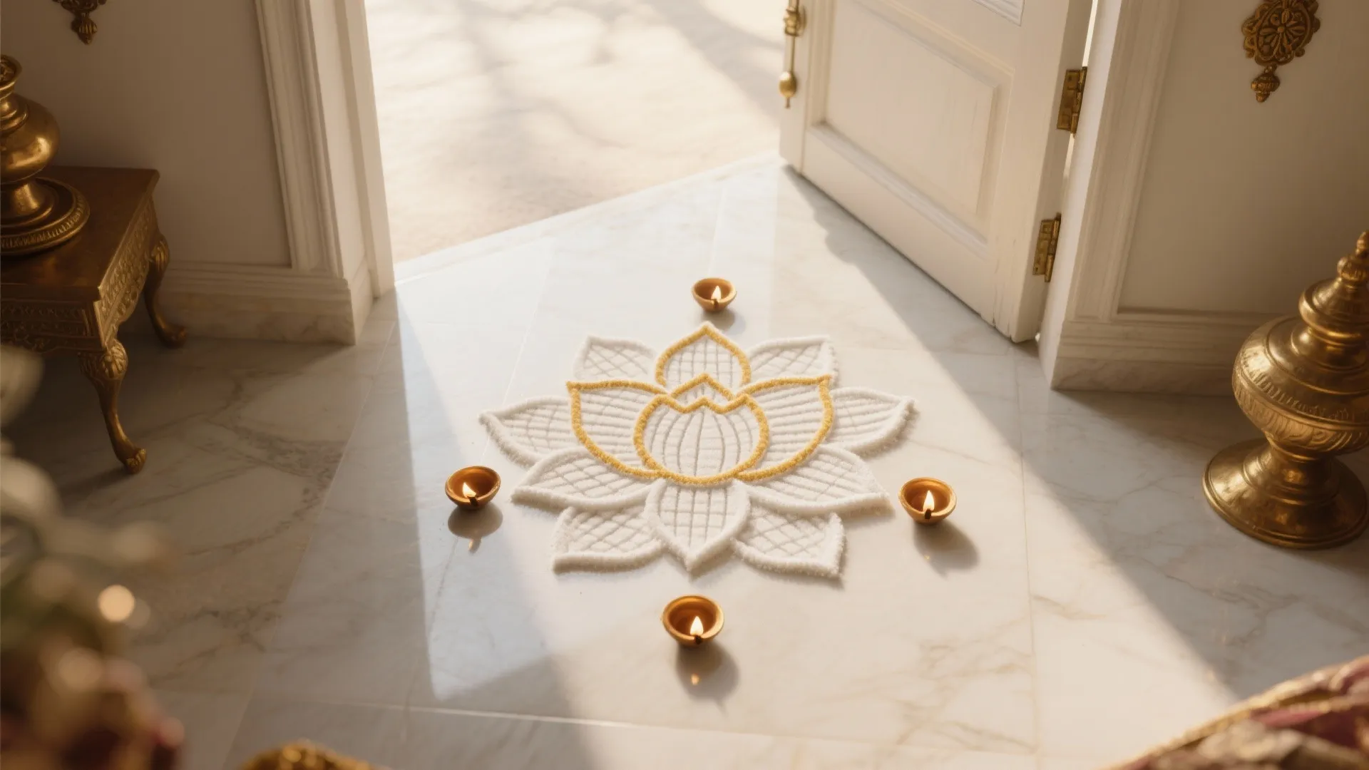 White and yellow flower floor pattern with small candles at an open white room door