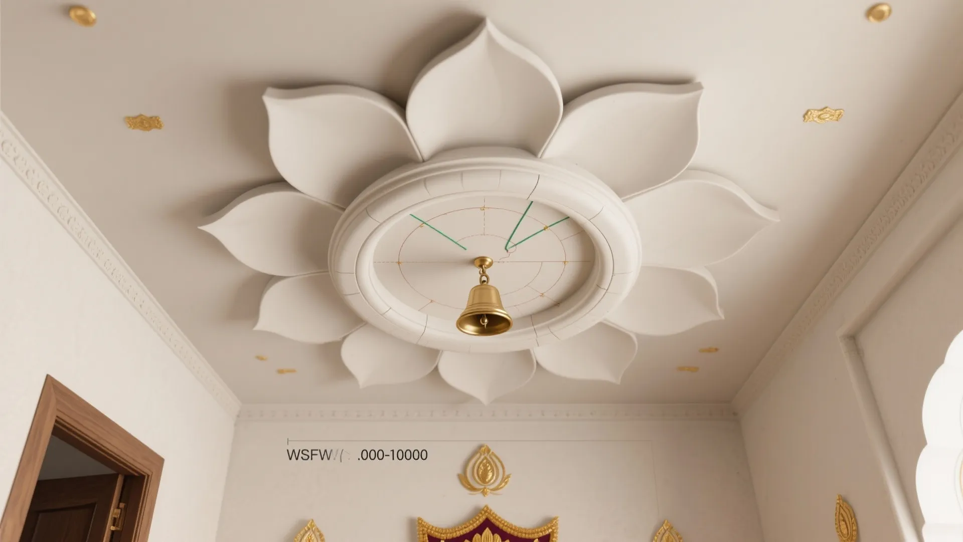 White lotus flower shaped ceiling design with a small gold bell hanging in the center