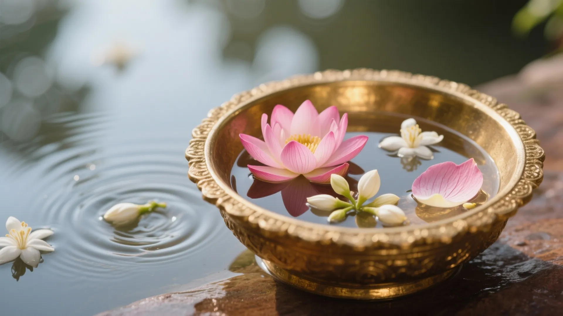 Close-up of a brass urli with floating lotus petals and jasmine in gently rippling water.