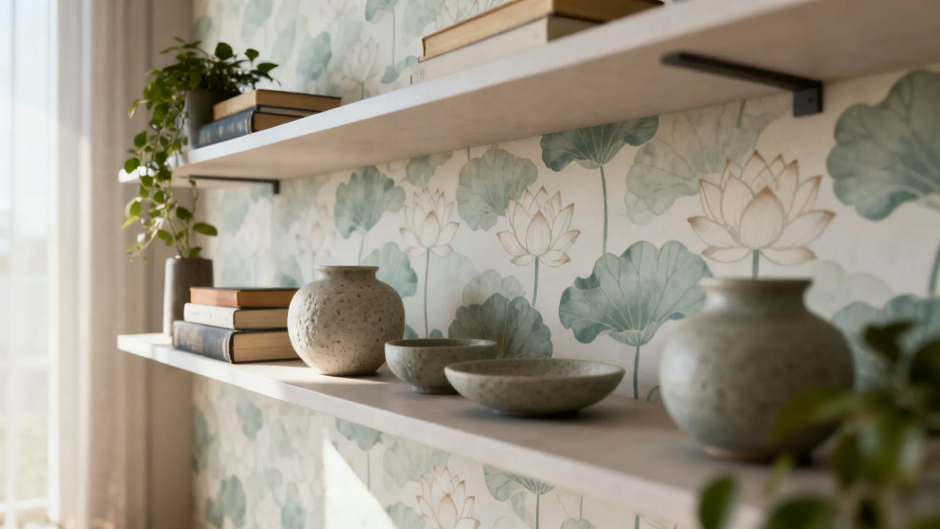 Floating shelves in front of subtle lotus-pattern wallpaper with neutral decor items.