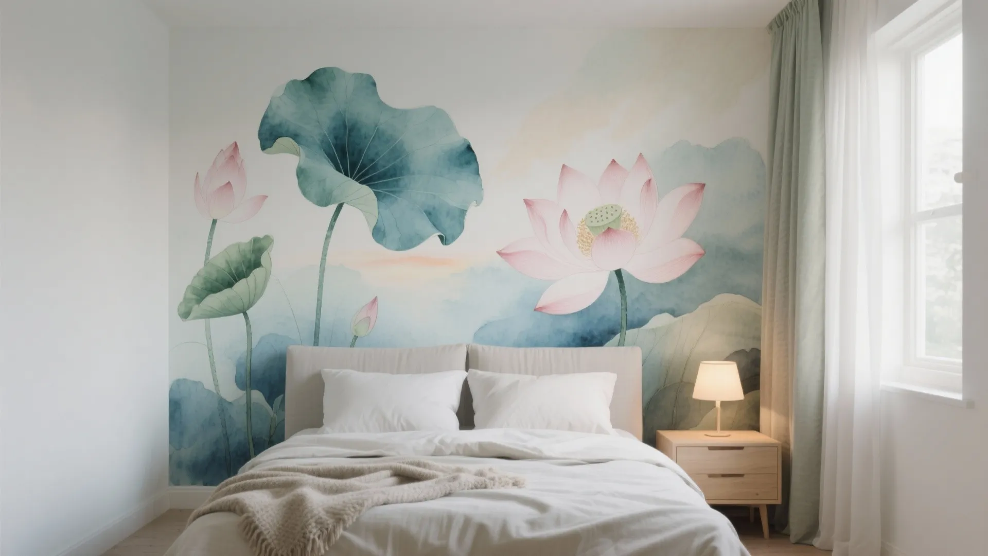 Watercolor Lotus Mural with Soft Gradients