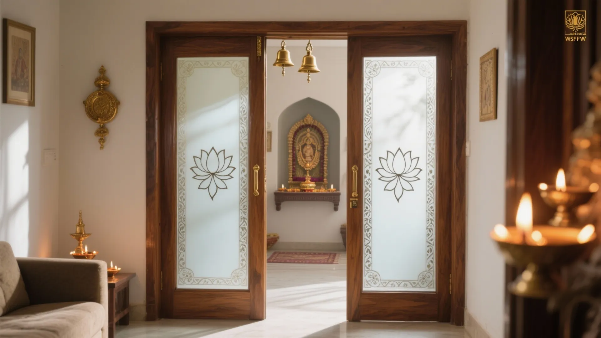 Wood double doors with lotus glass patterns leading to a prayer room with small bells