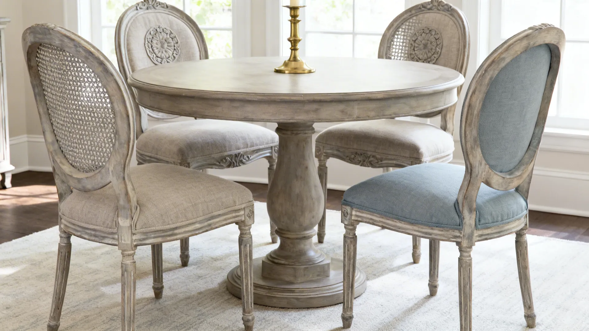 Louis XVI round pedestal table with medallion-back chairs in greige linen.