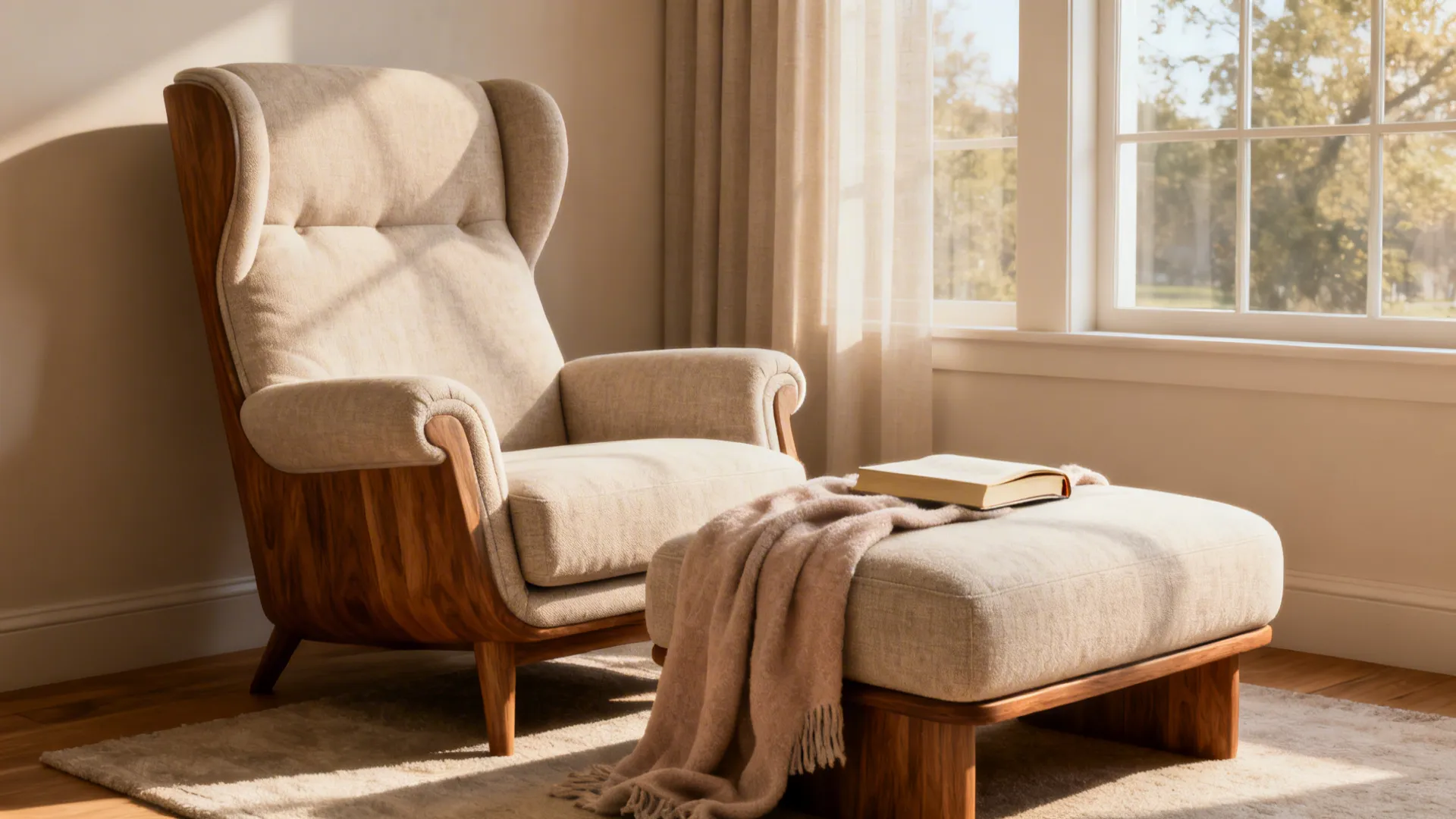 Upholstered lounge chair with extended ottoman forming a comfortable reading nook.