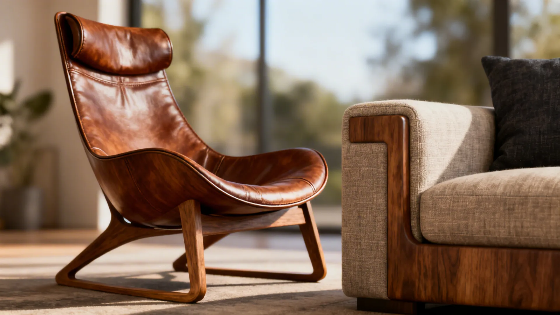 Lounge chair paired with a contrasting fabric sofa showing texture and scale.