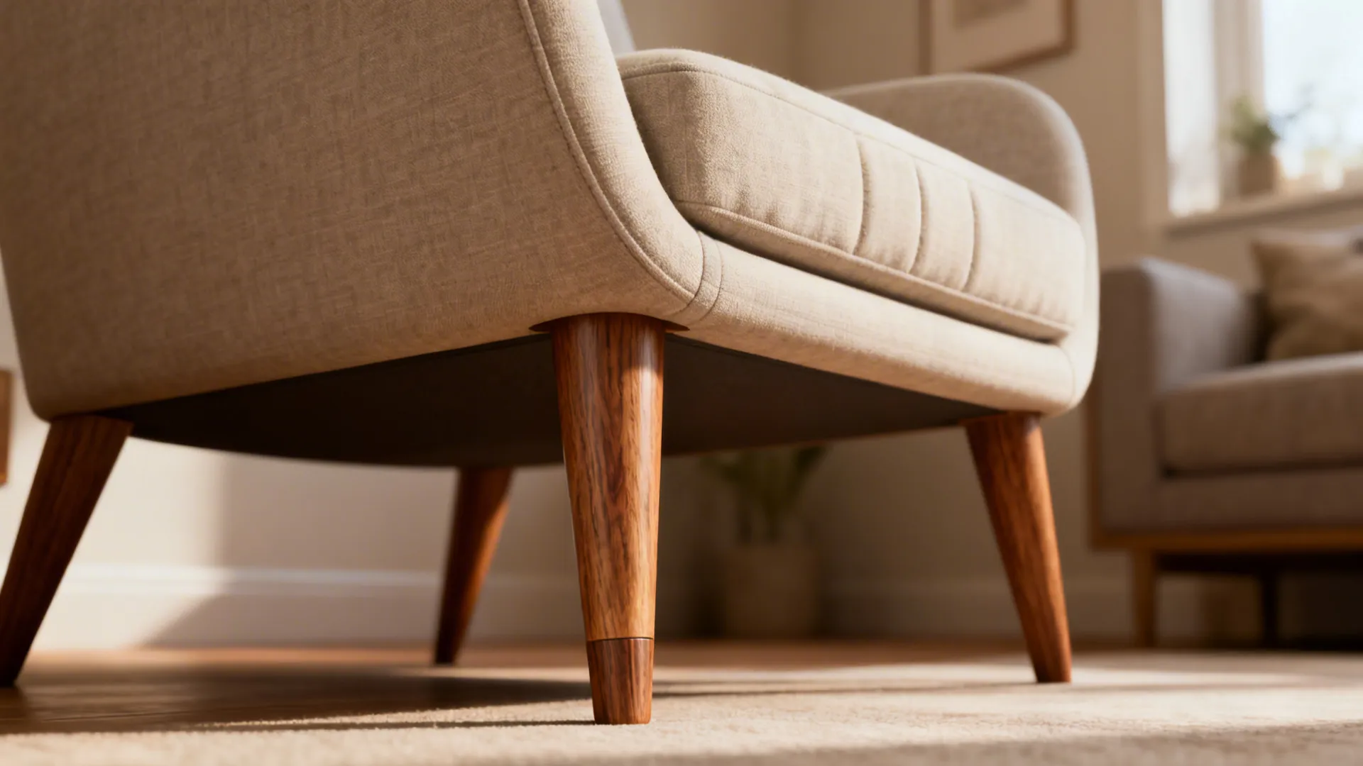 Close-up of a lounge chair with tapered wooden legs and streamlined upholstery in a small living room.