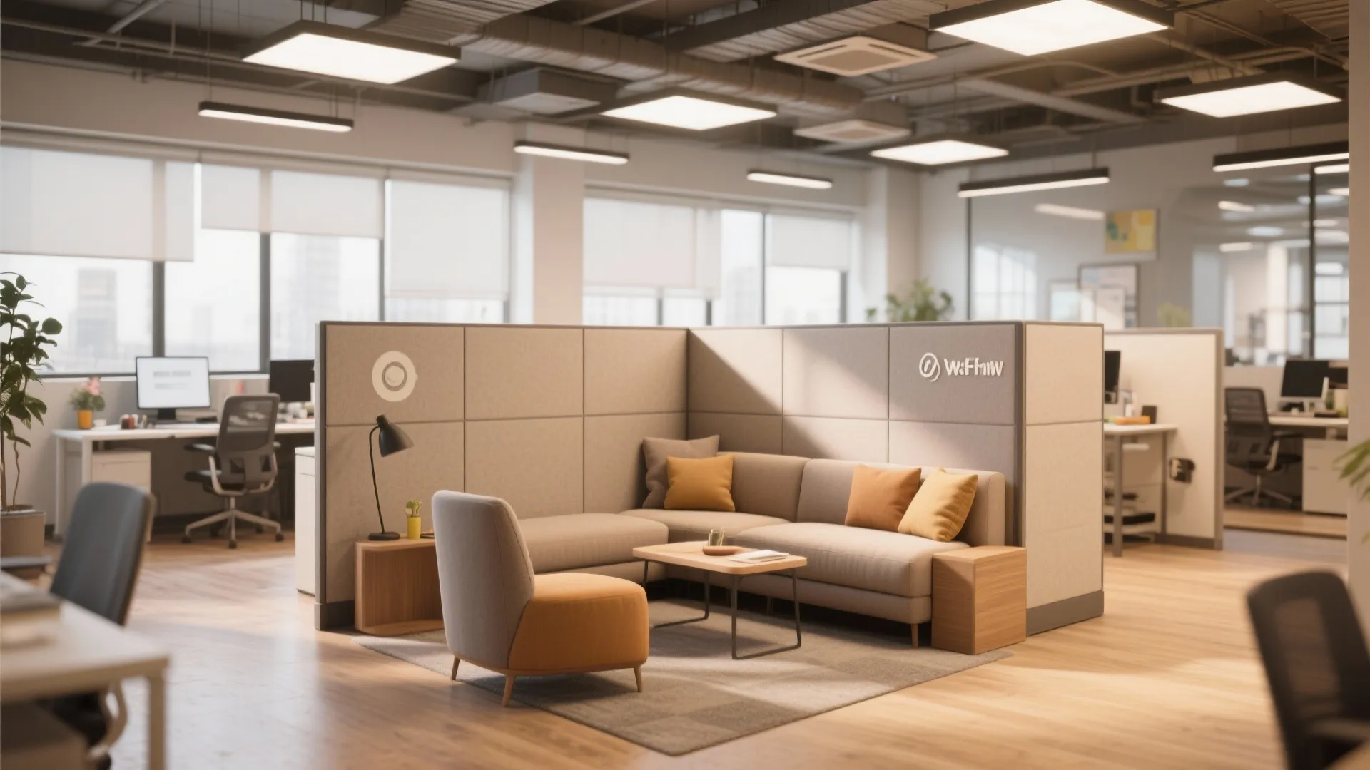 Office break area featuring a comfortable sofa small coffee table grey partition wall and ceiling lights