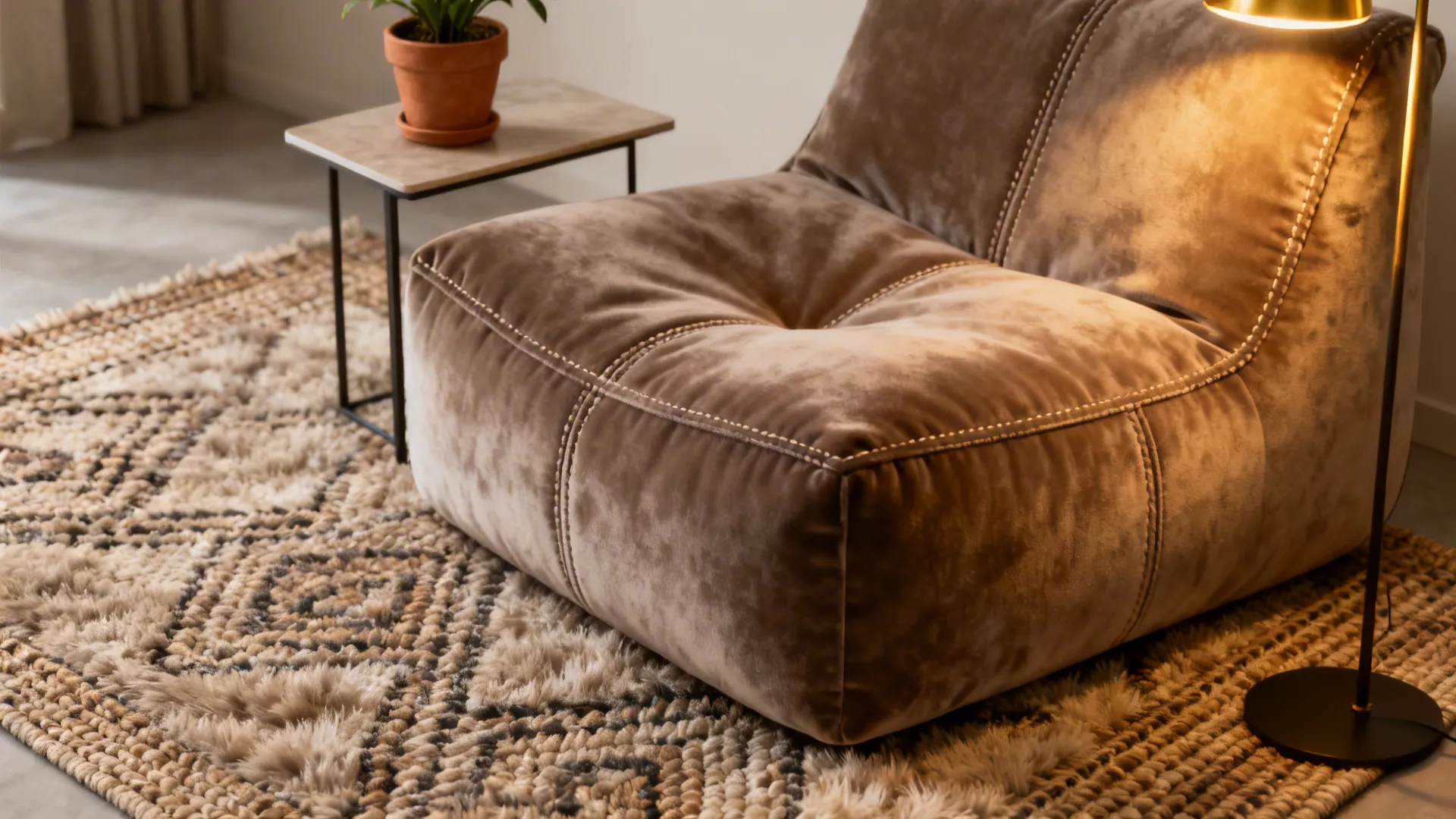 Close-up of velvet armchair and textured rug in a small lounge setting