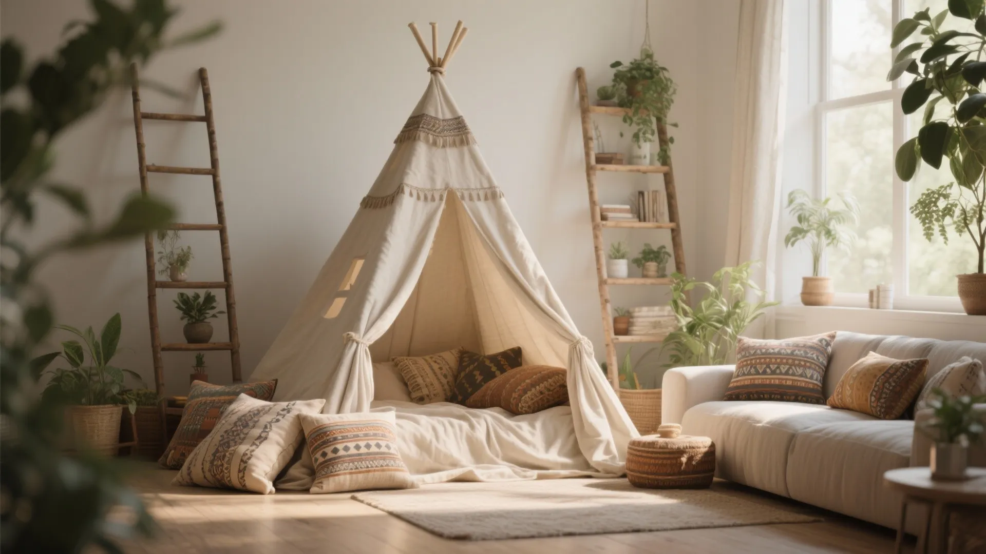 White fabric tent in a living room with patterned pillows a white sofa and green plants