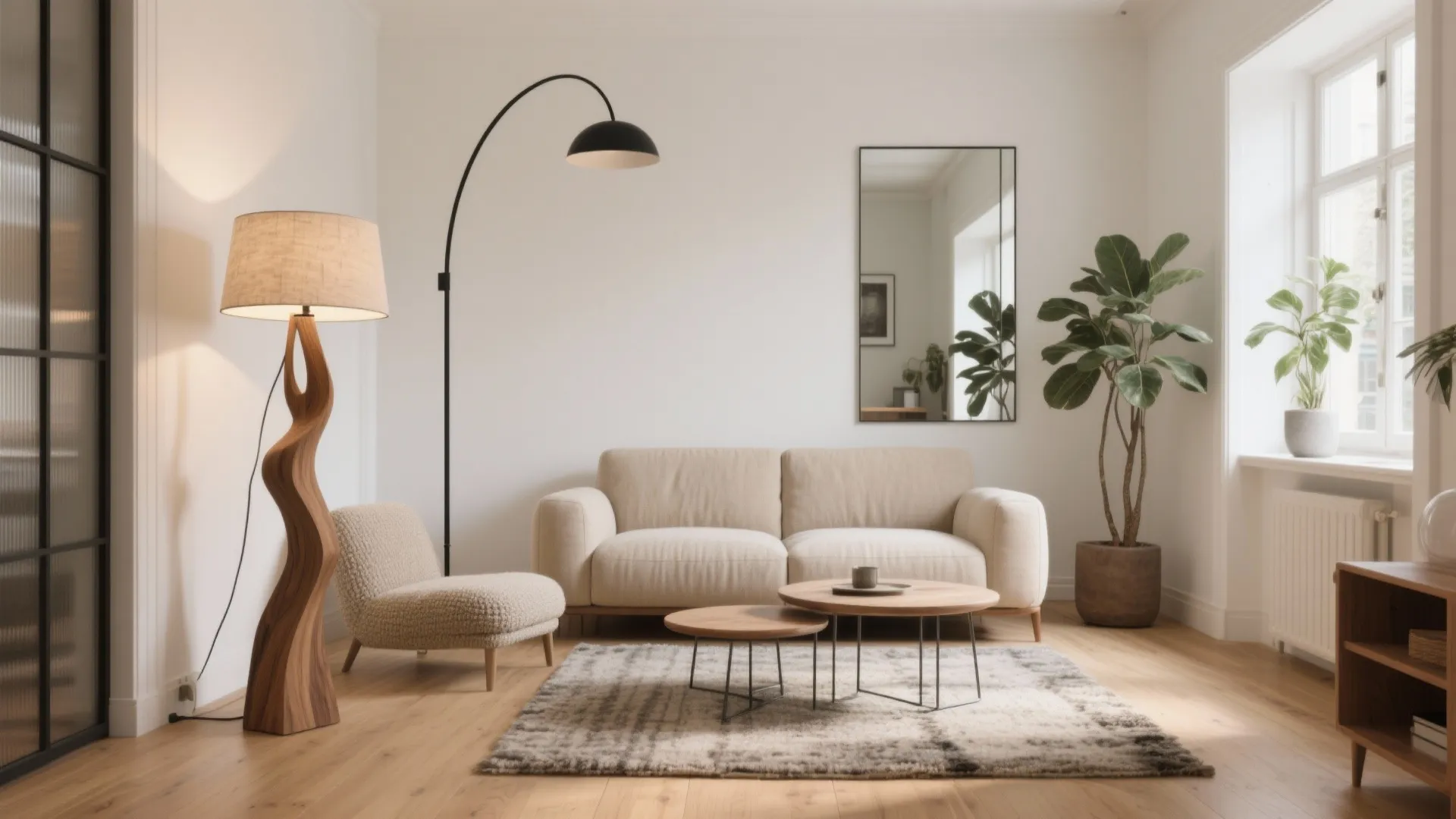 Modern living room interior with beige sofa textured armchair wooden coffee tables plant and floor lamp
