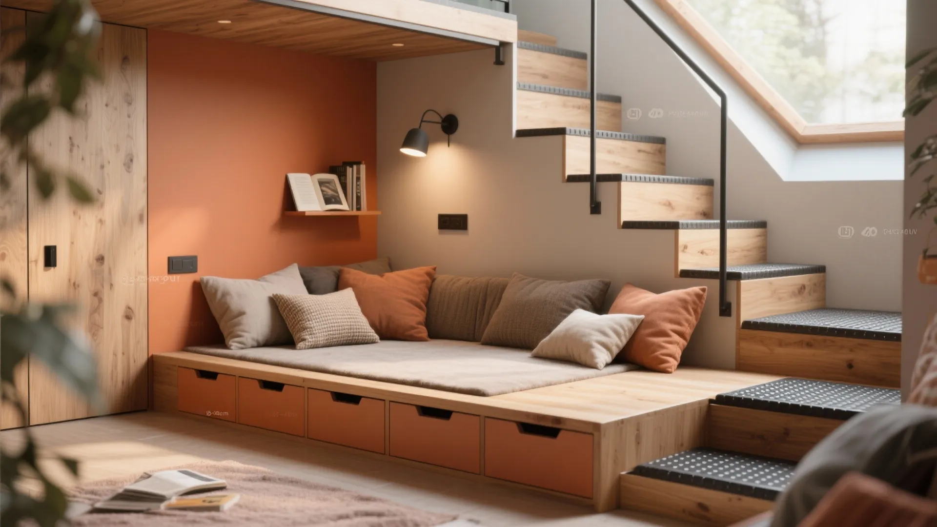 2) Elevated storage with a lounge loft