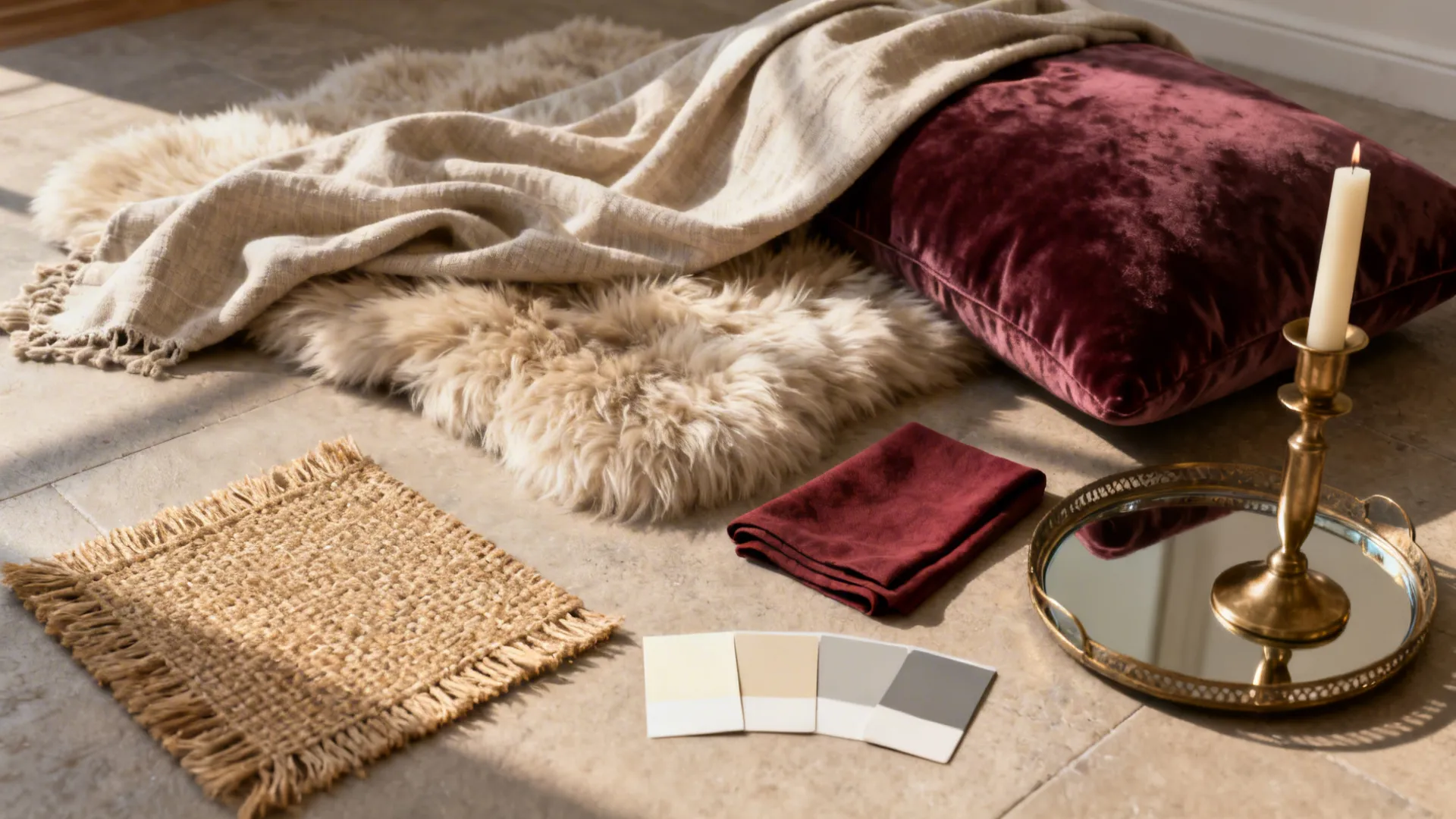 Flat lay of jute, faux shearling, linen, velvet, brass, and burgundy accents for a floor lounge palette.