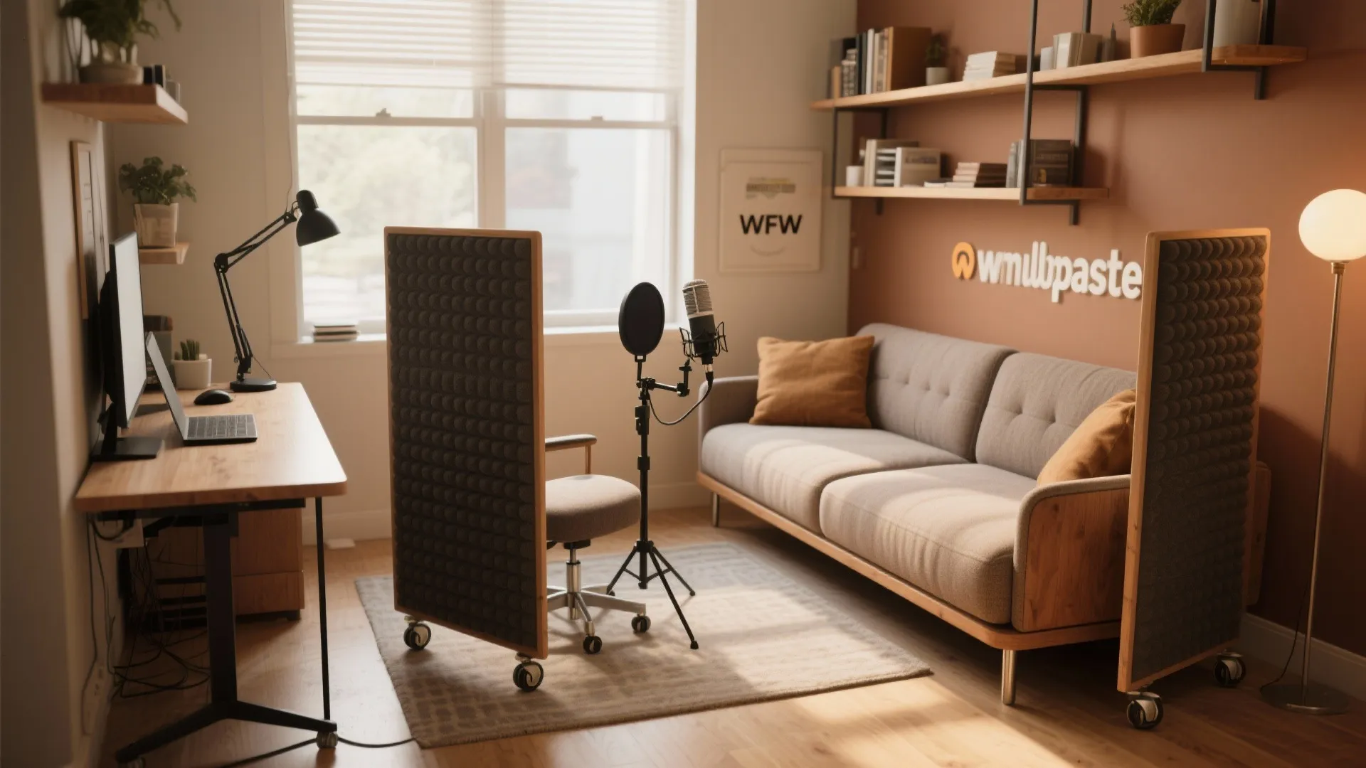 Home office with movable sound panels surrounding a desk chair and microphone near a sofa