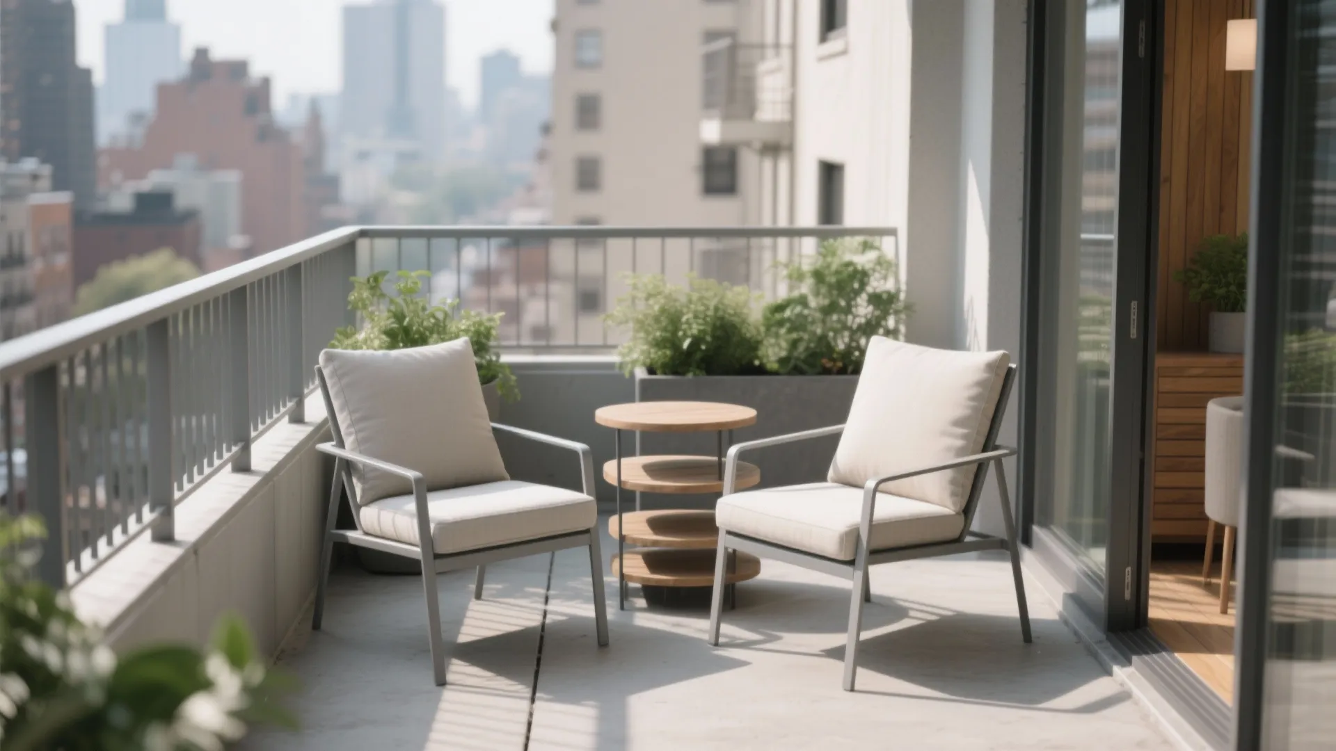 Streamlined lounge chairs with nesting tables