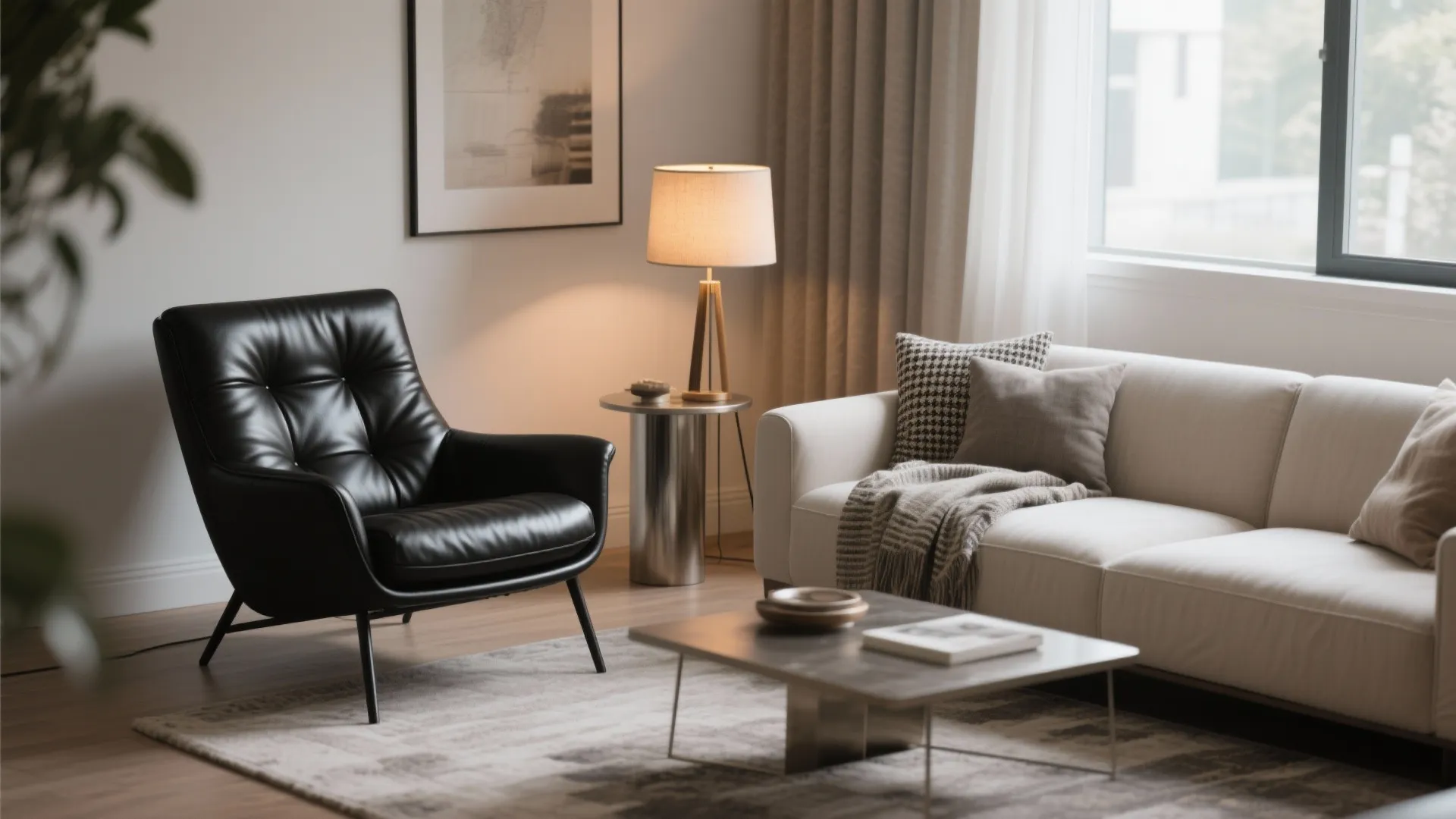 Modern living room featuring a black leather chair white sofa small table and table lamp