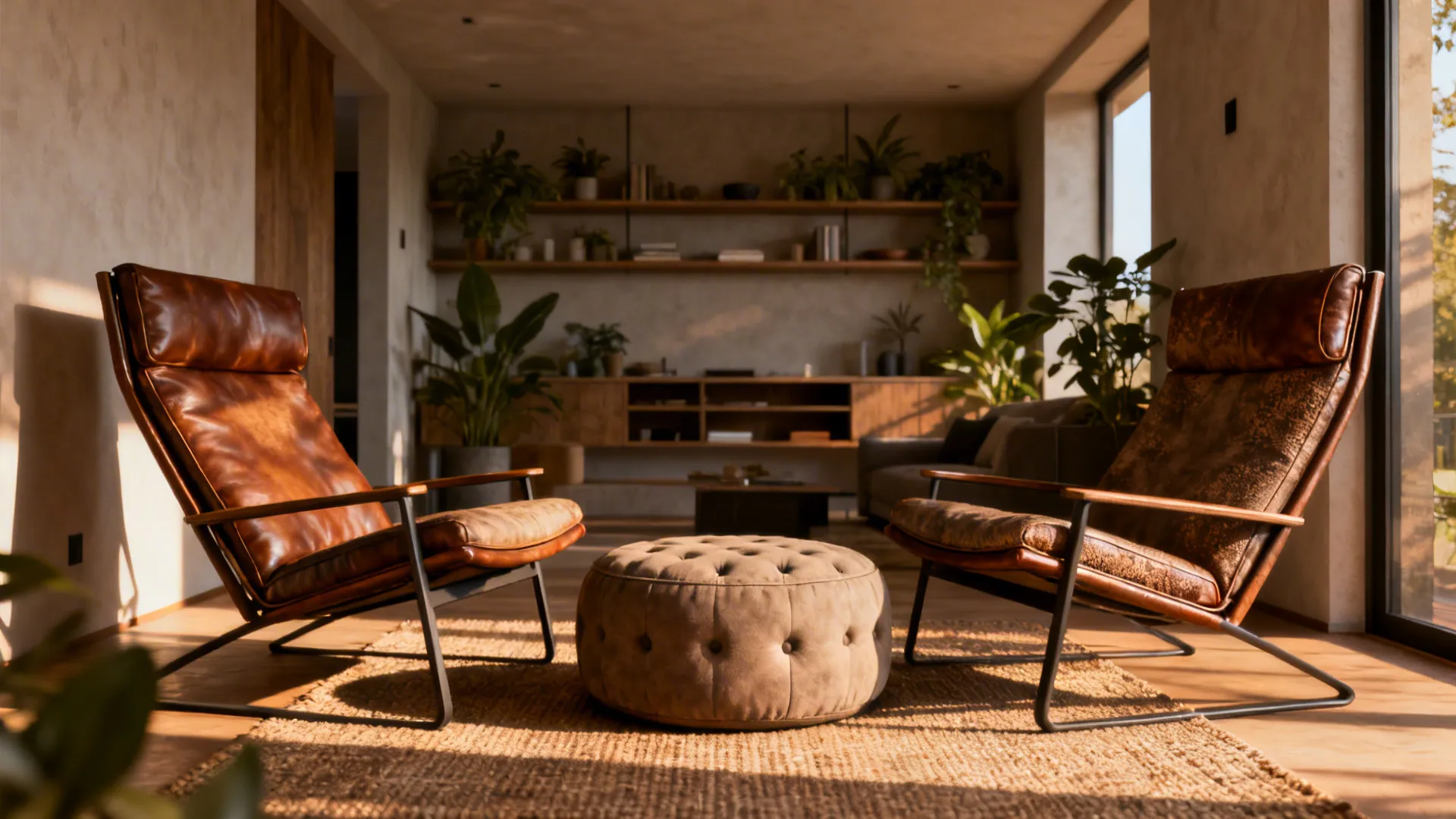 Two lounge chairs angled inward with a shared ottoman in a cozy open-plan living space.