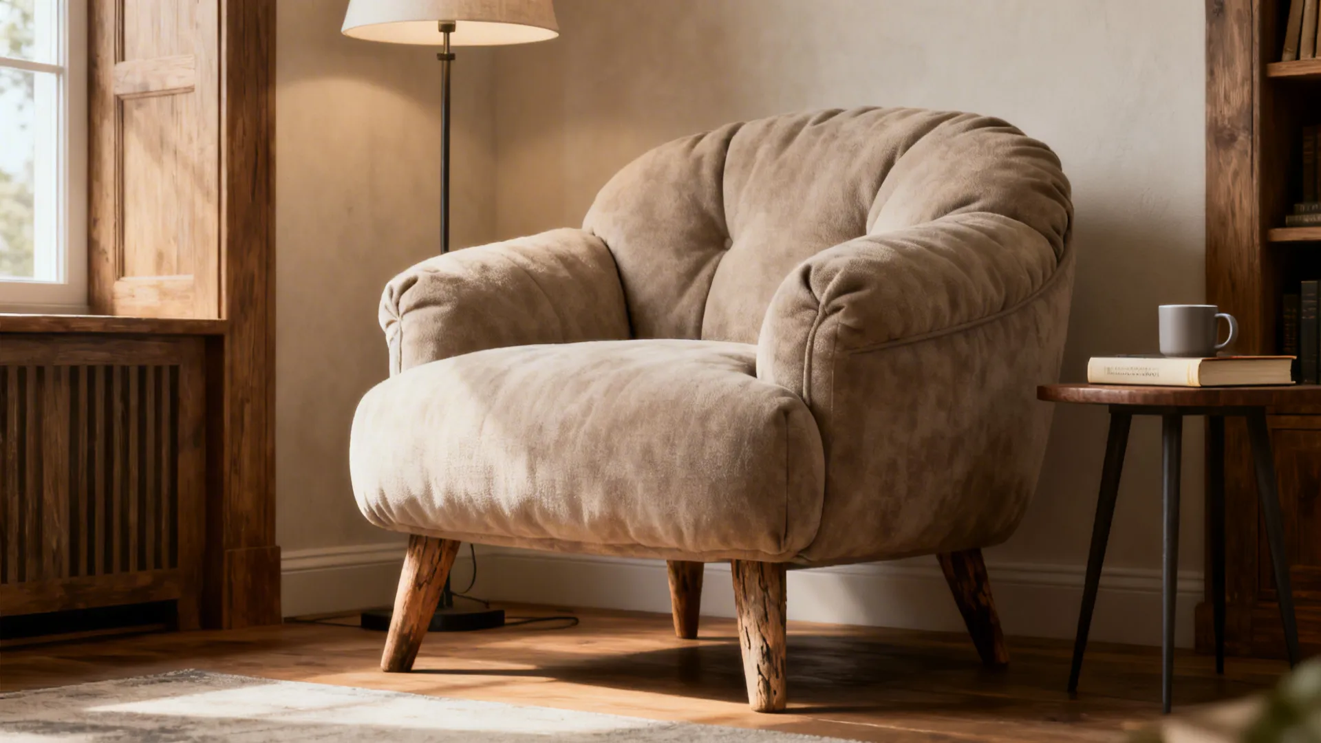 Reading corner with an overstuffed accent chair, small side table and floor lamp in soft daylight.