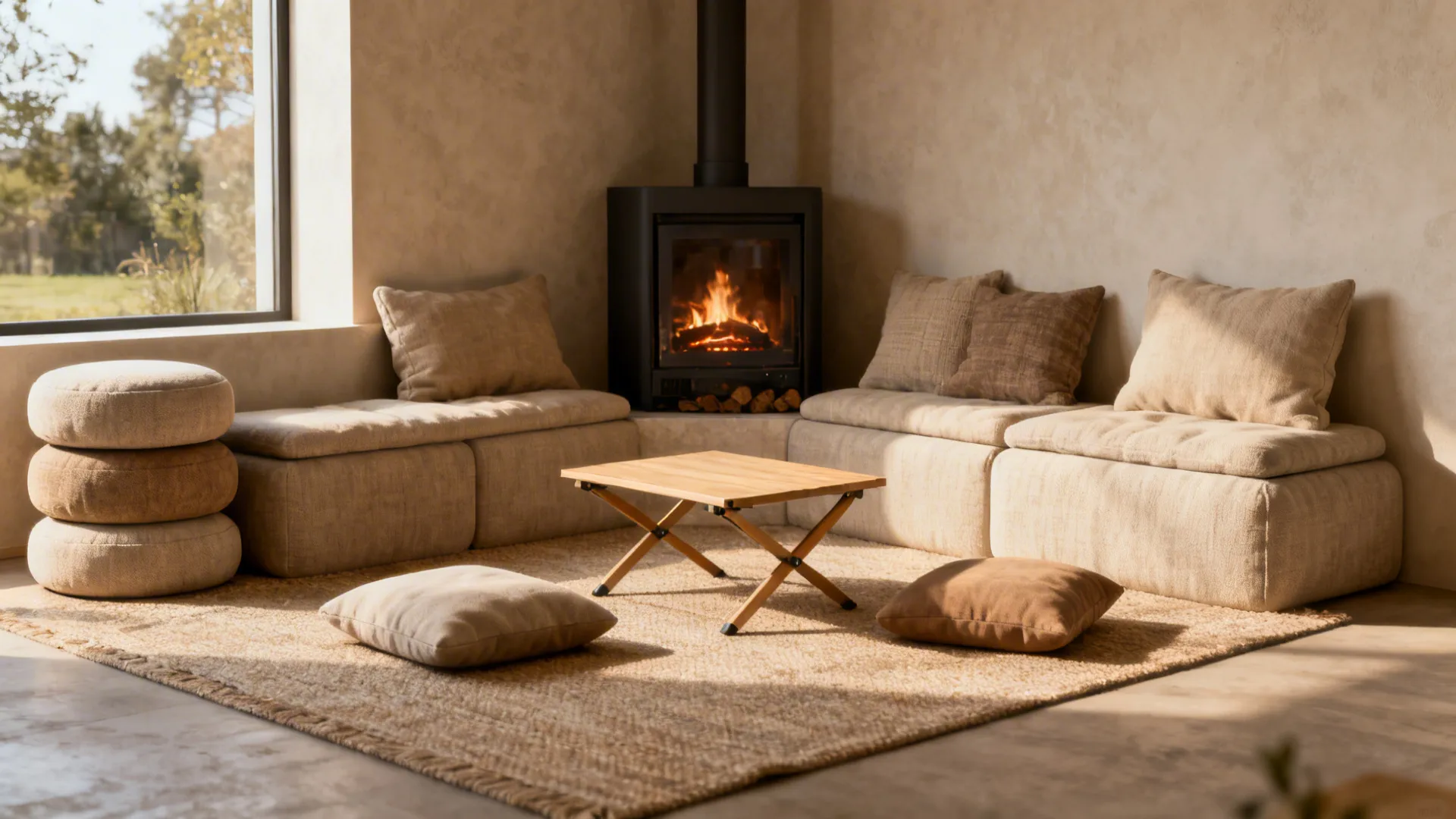 Cozy sitting area with a black fireplace beige modular sofa wooden folding table and floor cushions