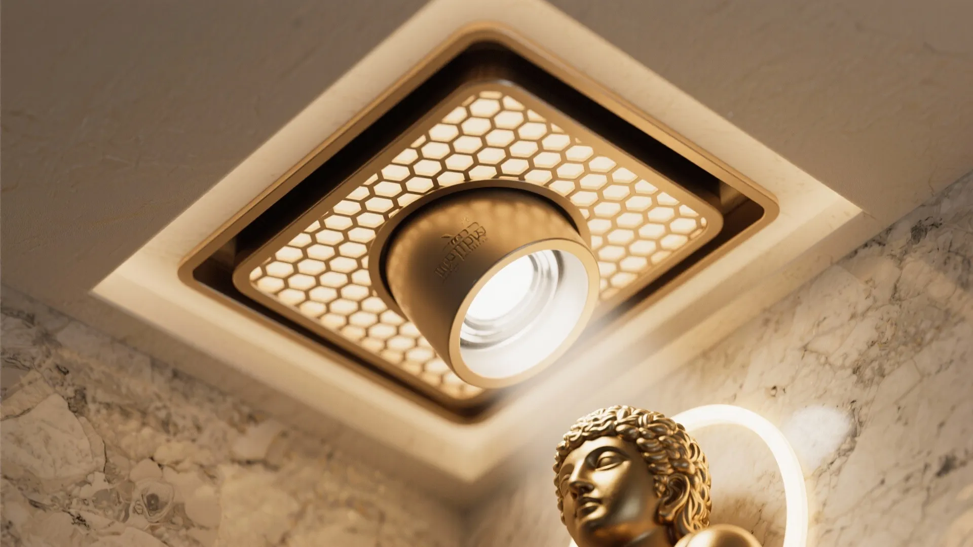 Macro view of anti-glare recessed trim with honeycomb louver casting a tight beam halo on brass icon.