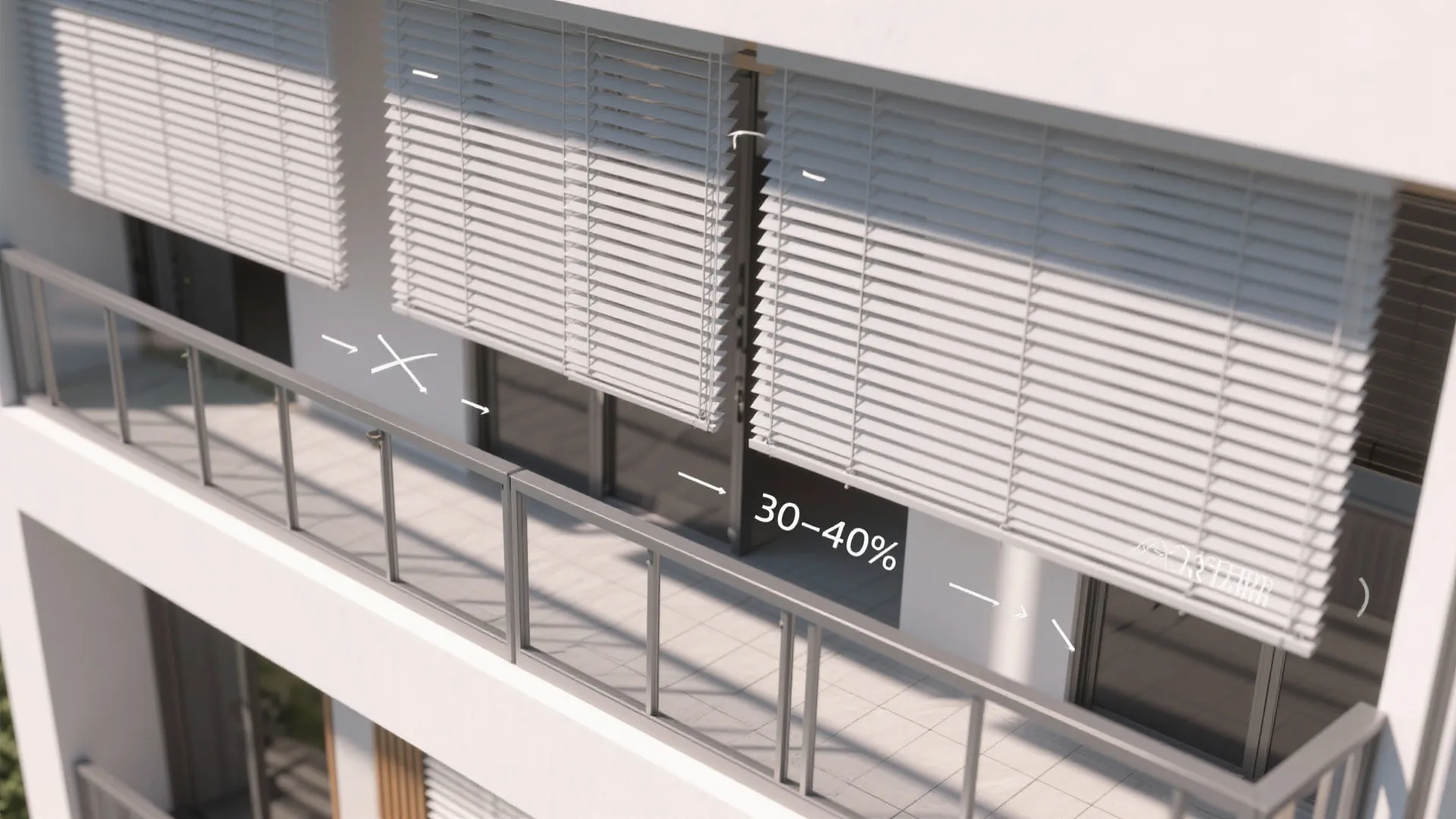 Modern balcony with white window blinds showing airflow percentage labels and metal railing in bright sunlight