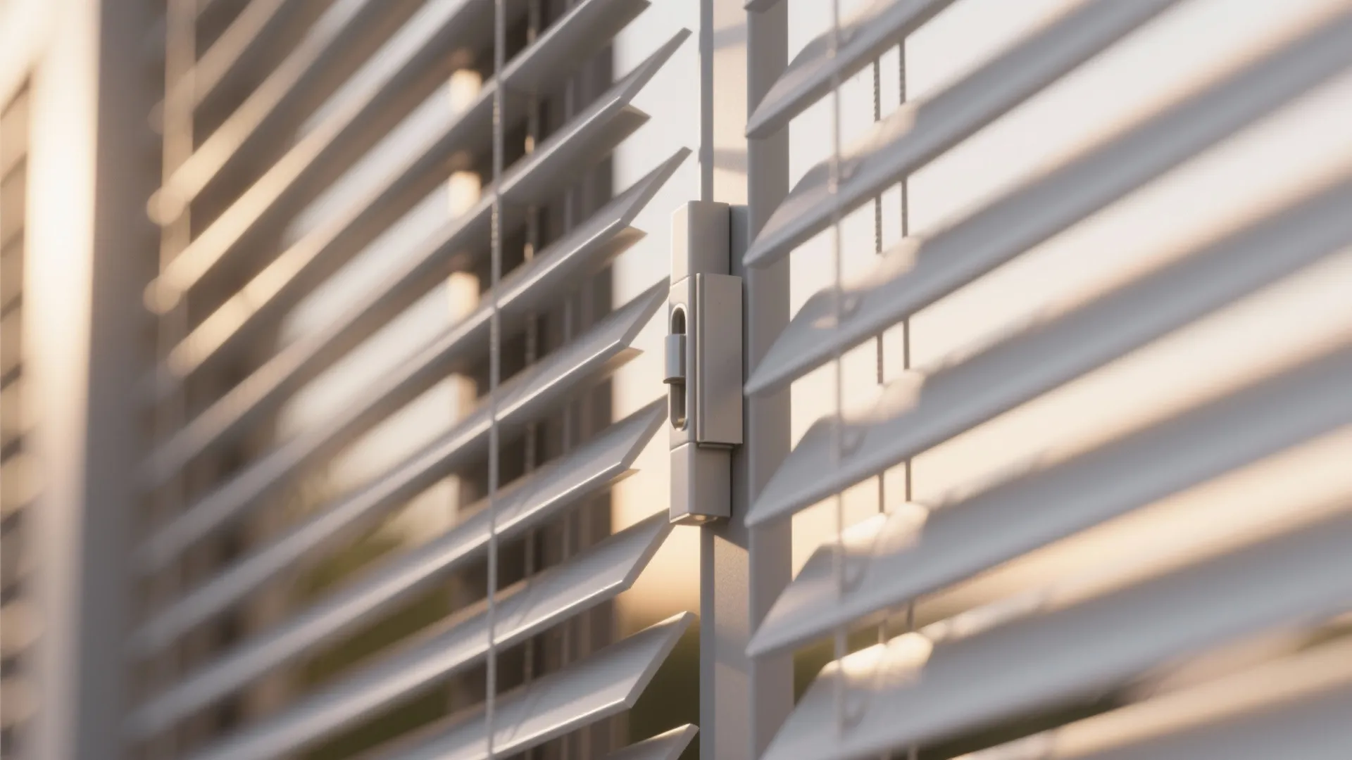 [
  {
    "url": "https://coohom-biz-sg-s3.coohom.com/ins/static/article/louver-detail-1761399557720262500.jpg",
    "alt": "Close view of white window blinds with horizontal slats and metal handle in warm light"
  }
]
