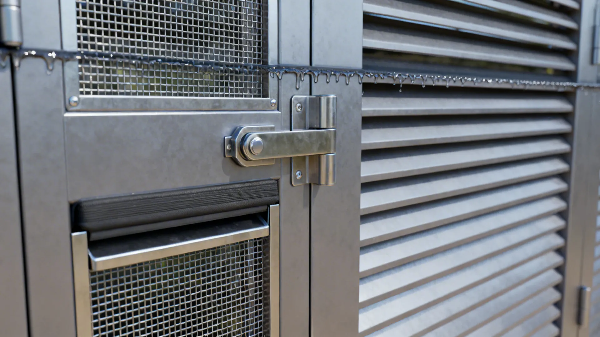 Close-up of a louvered cabinet door with insect mesh, magnetic catch, and bottom ventilation gap.