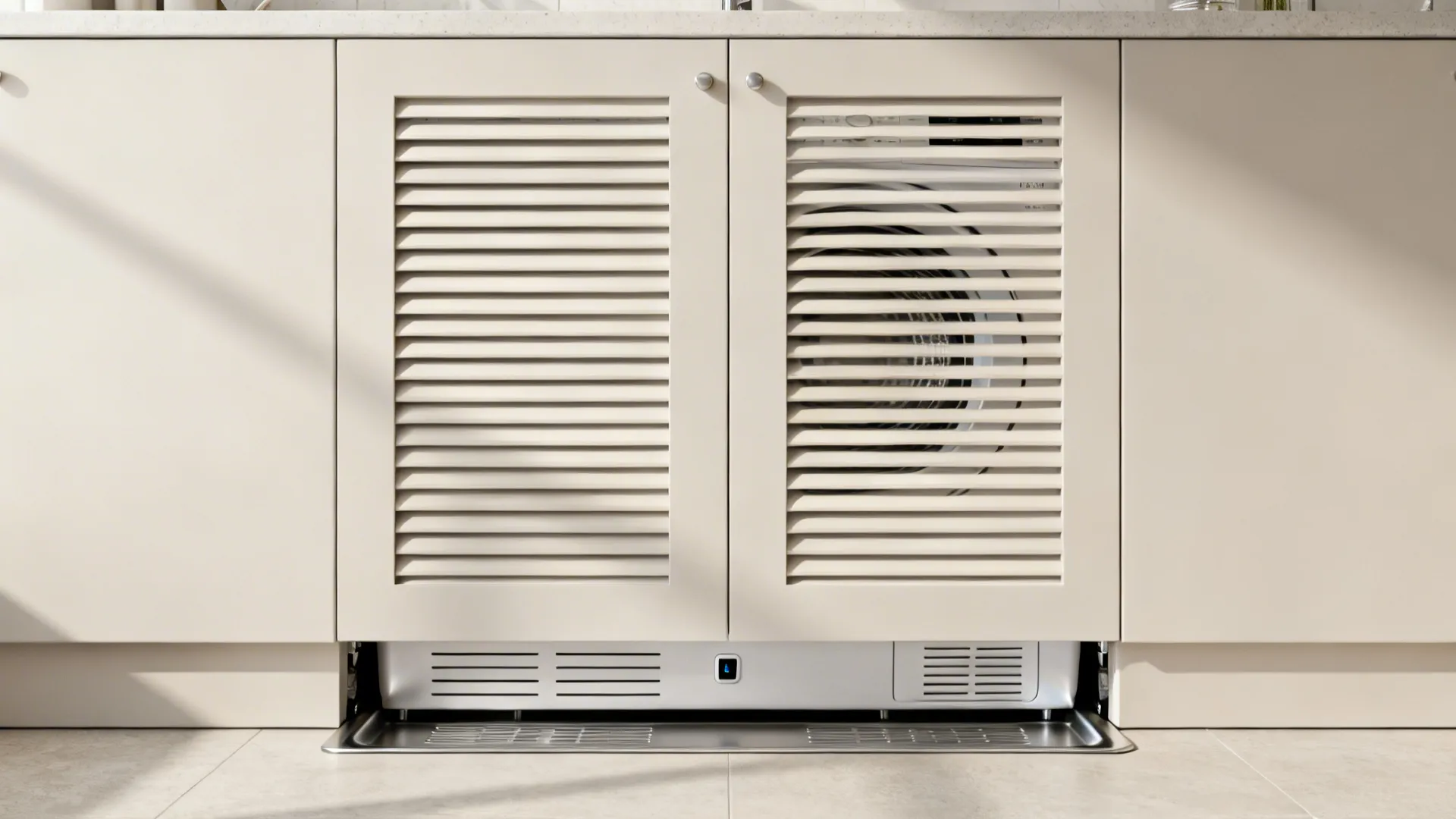 Louvered cabinet doors provide airflow to a hidden washer with a drain pan and sensor below.