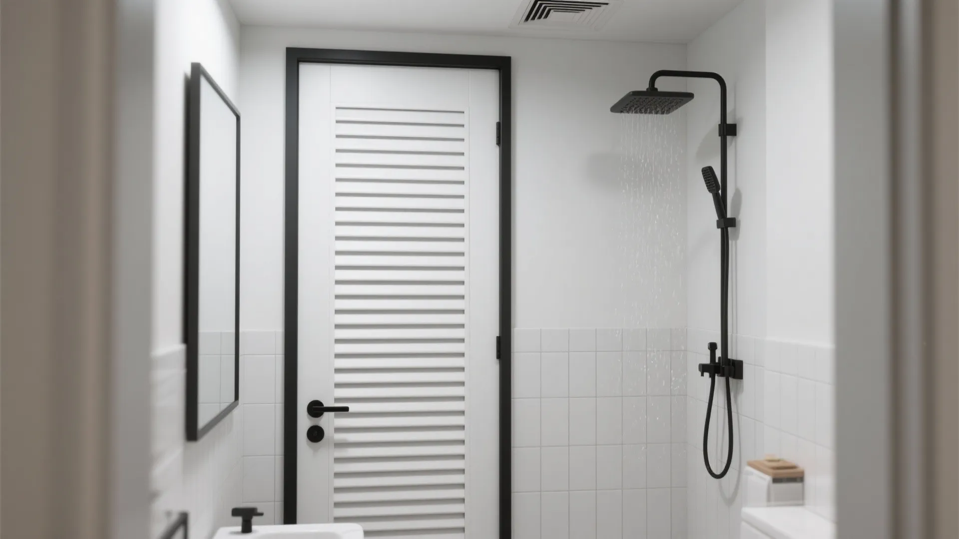 Modern white bathroom featuring black shower head and white door with horizontal slats and mirror
