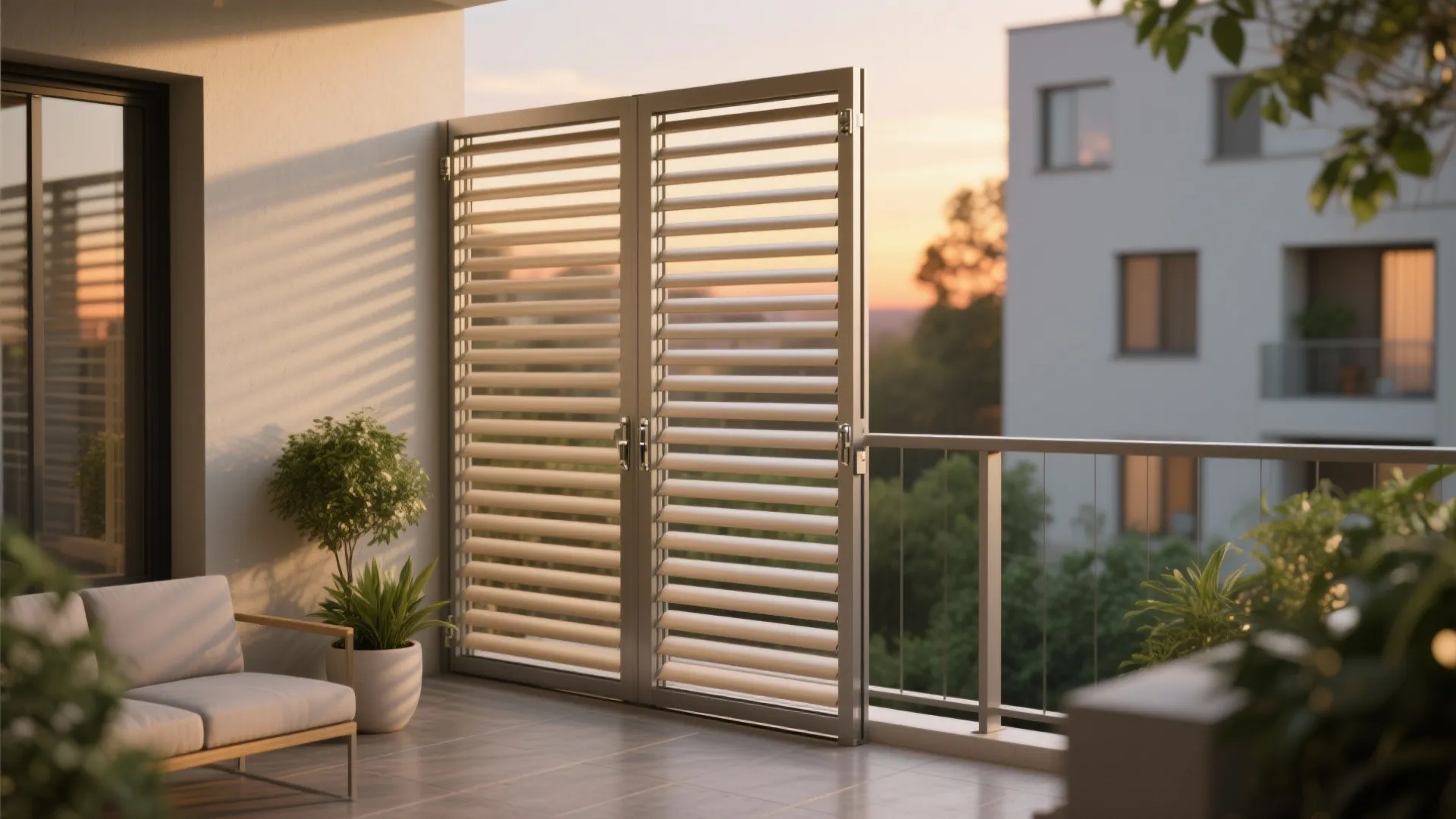 White balcony featuring grey metal screen gate outdoor sofa potted plants and beautiful sunset view