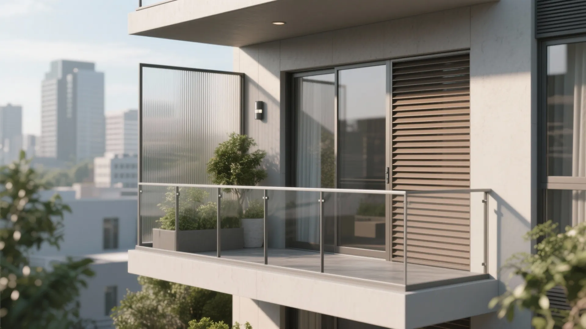 Modern apartment balcony featuring glass railing privacy screen sliding glass door plants and city view background