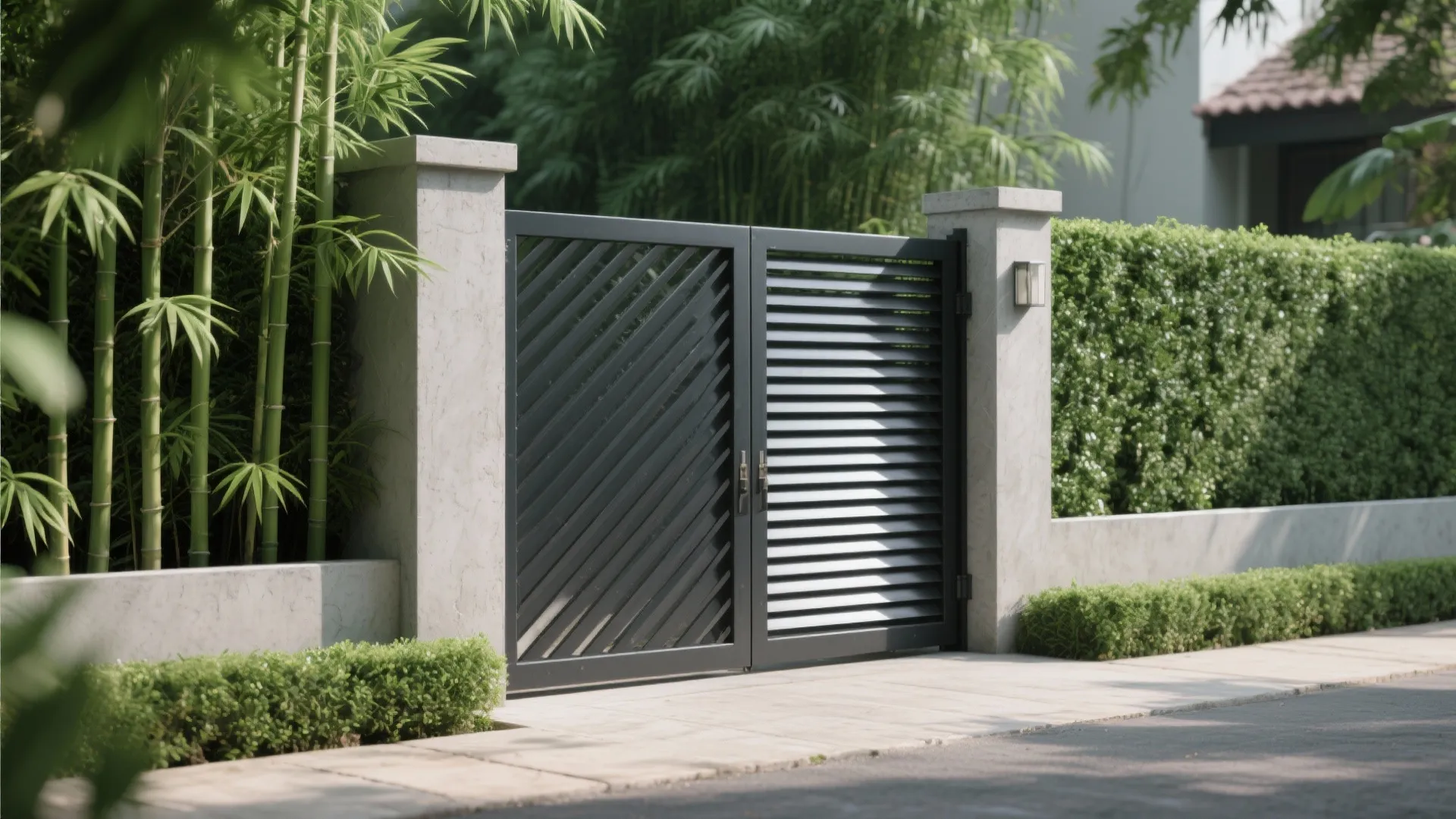 Modern black metal driveway gate with horizontal slats surrounded by green bamboo and stone pillars