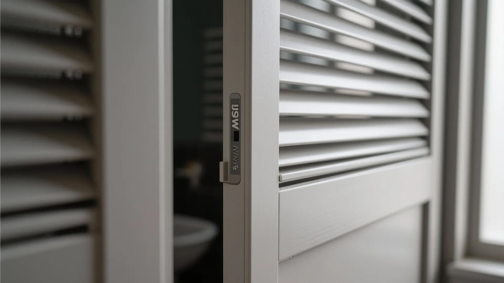 Close up of white window shutters showing the frame and horizontal slats in a room