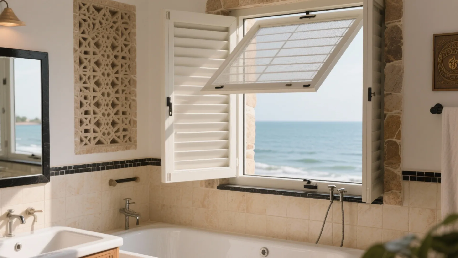 Bright bathroom featuring white window shutters overlooking the blue ocean next to a white bathtub