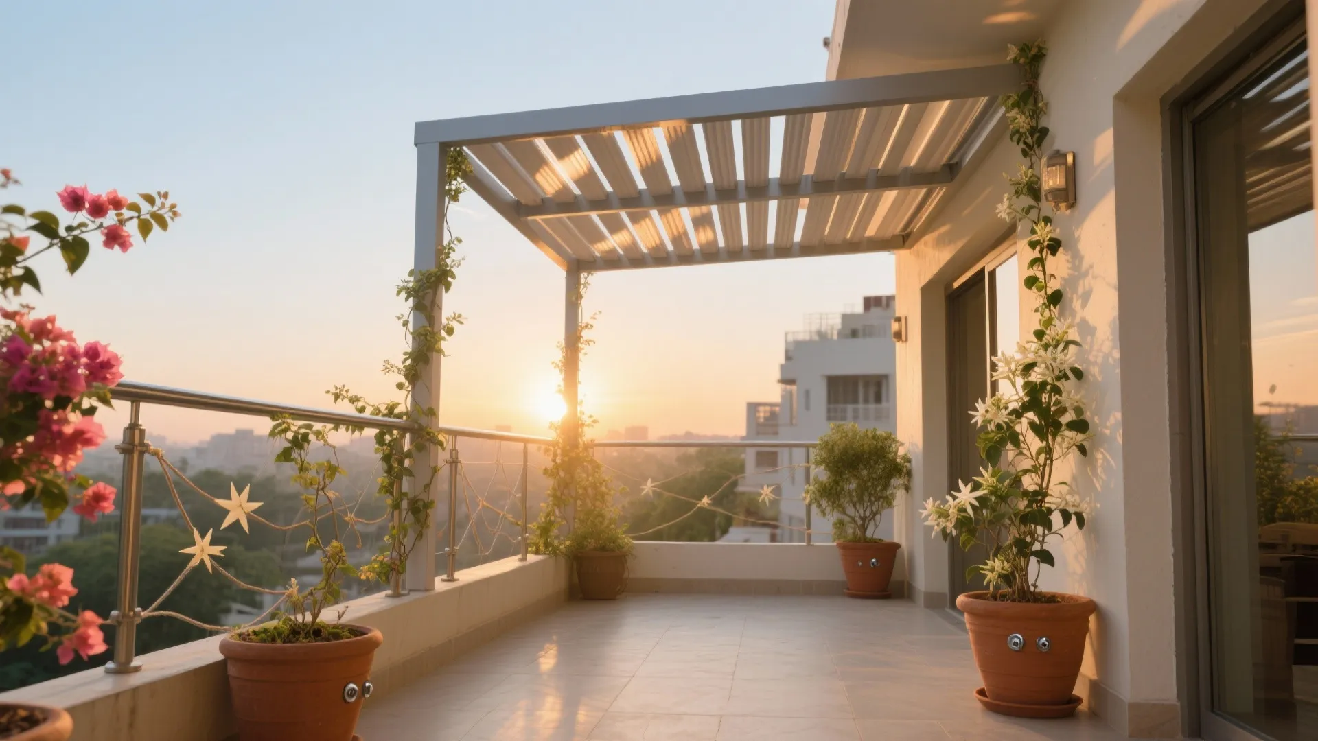 1) Louvered pergola with climbers for dappled shade