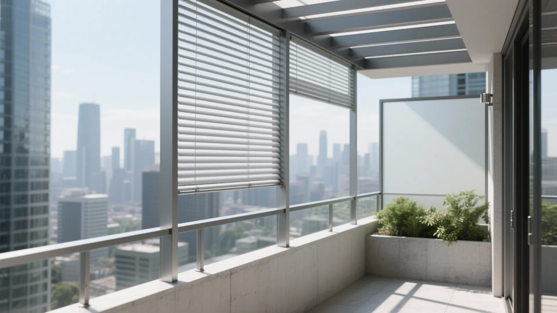 Modern balcony with metal ceiling slats white window blinds green plants and a city view