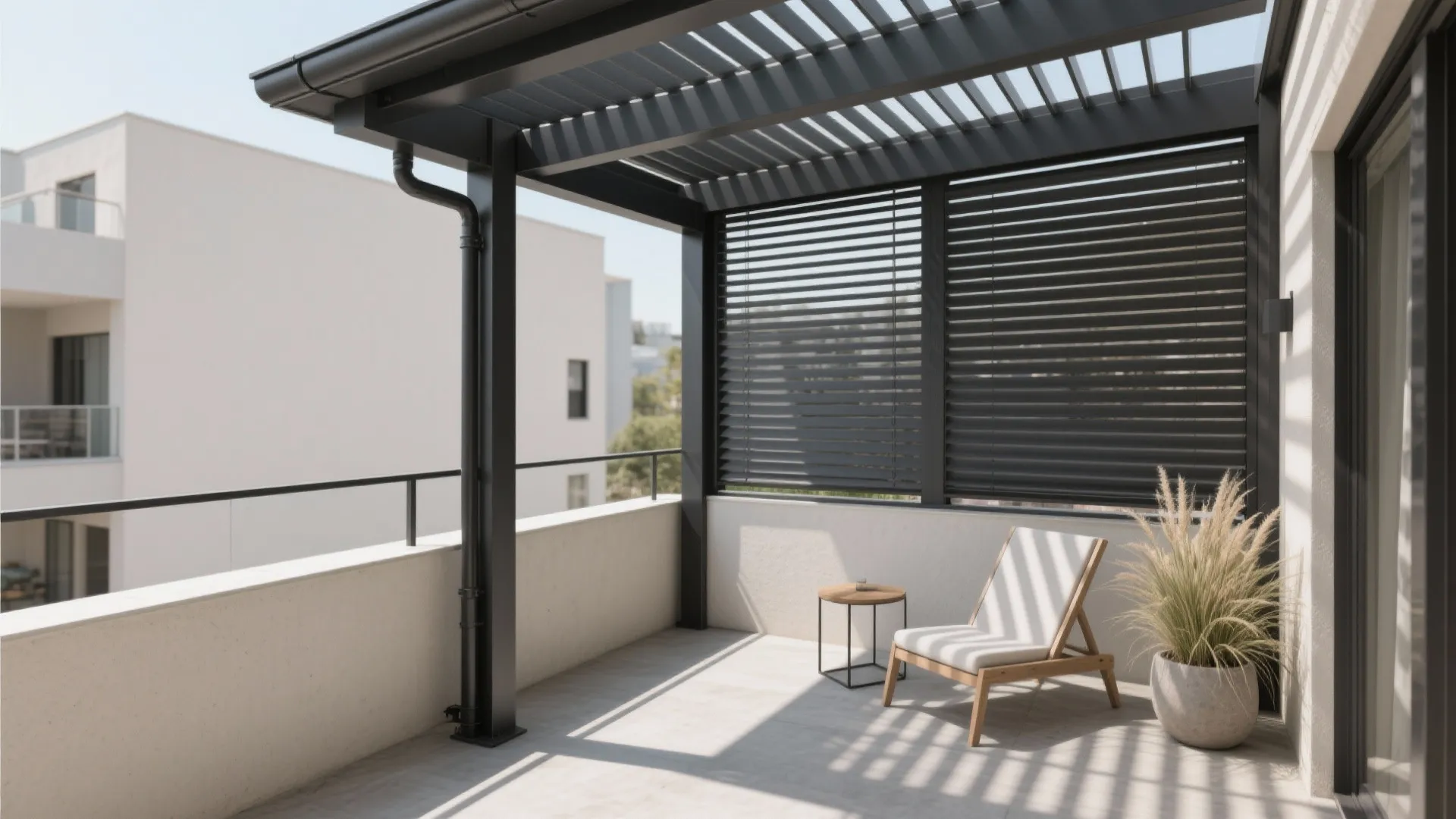 Modern rooftop terrace featuring black outdoor roof structure with white chair side table and plant