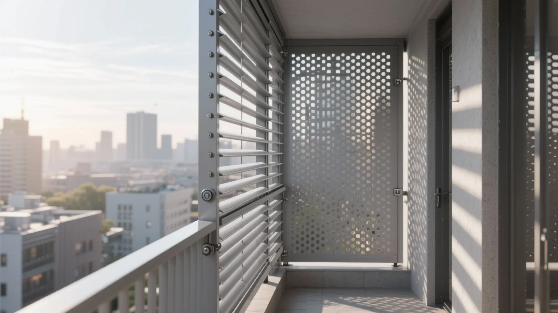 Adjustable louvers and perforated screens for sun and privacy