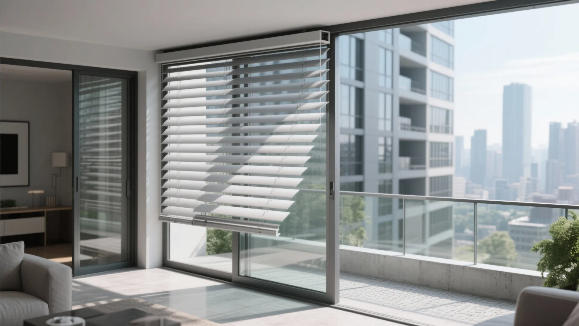 Modern living room with glass sliding door white window blinds and city view from balcony