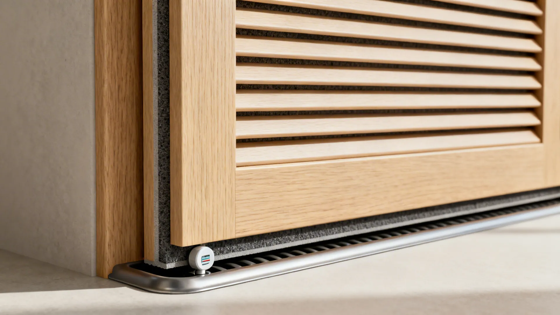 Close-up of louver blade profile with acoustic backing and a leak sensor on a drain pan.