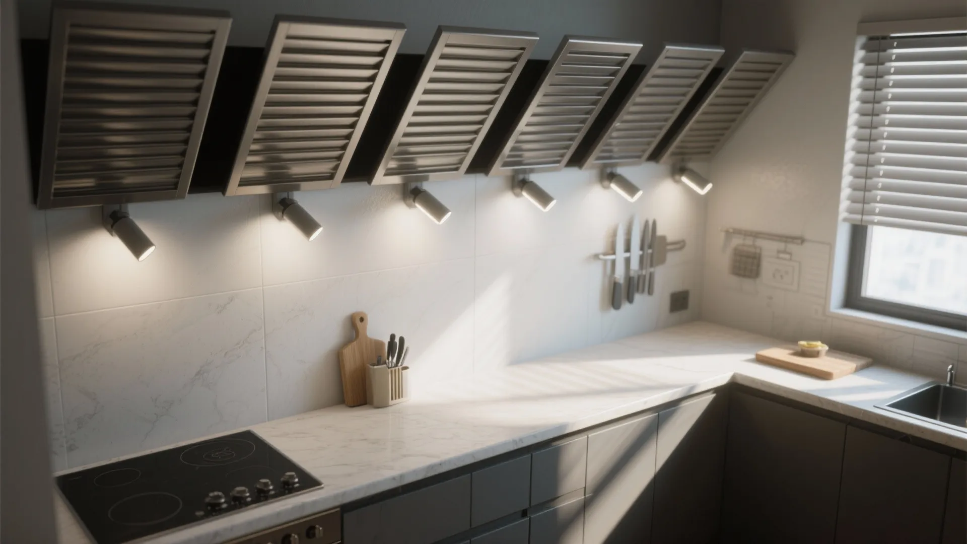 Modern kitchen with marble countertop row of spotlights under cabinets and sunlight through the windows