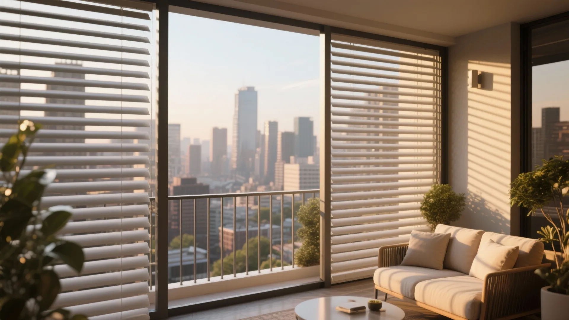 Modern balcony with white window shutters a comfortable sofa and a view of city buildings