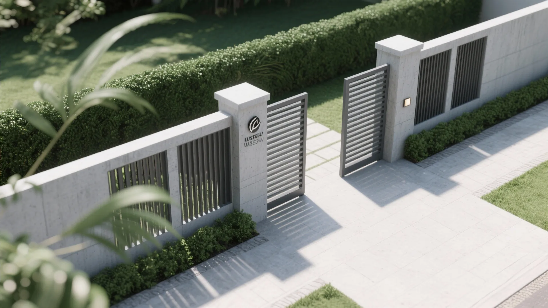 Concrete garden fence with dark metal slats and open gate leading to a green hedge