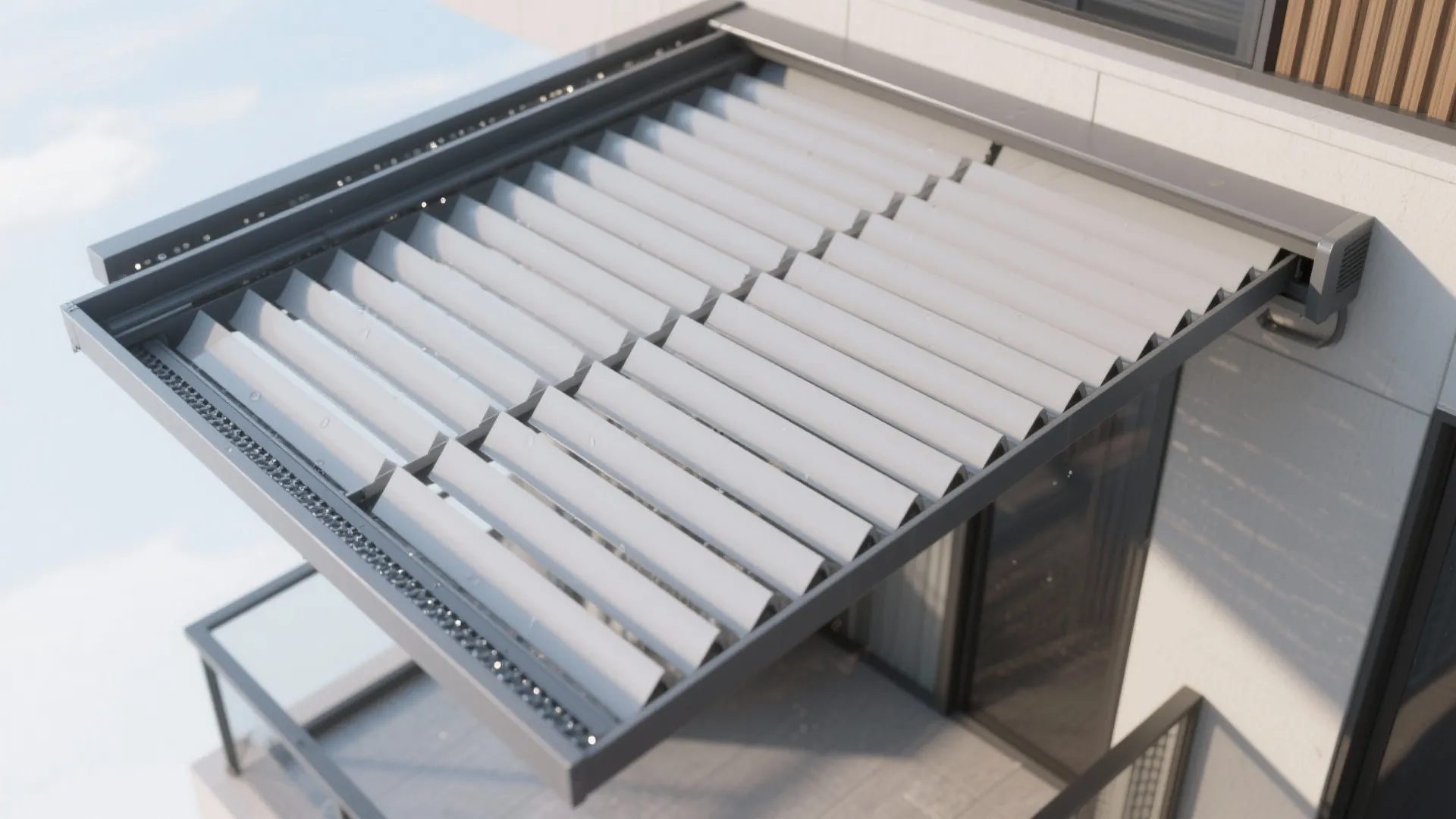 Top view of a grey metal outdoor roof window system installed over a modern balcony space