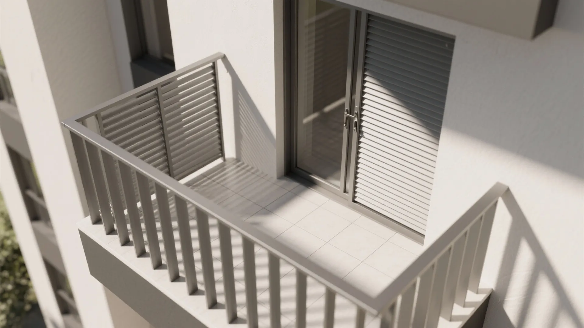 Top-down view of balcony plan showing aluminum louver orientation and spacing.