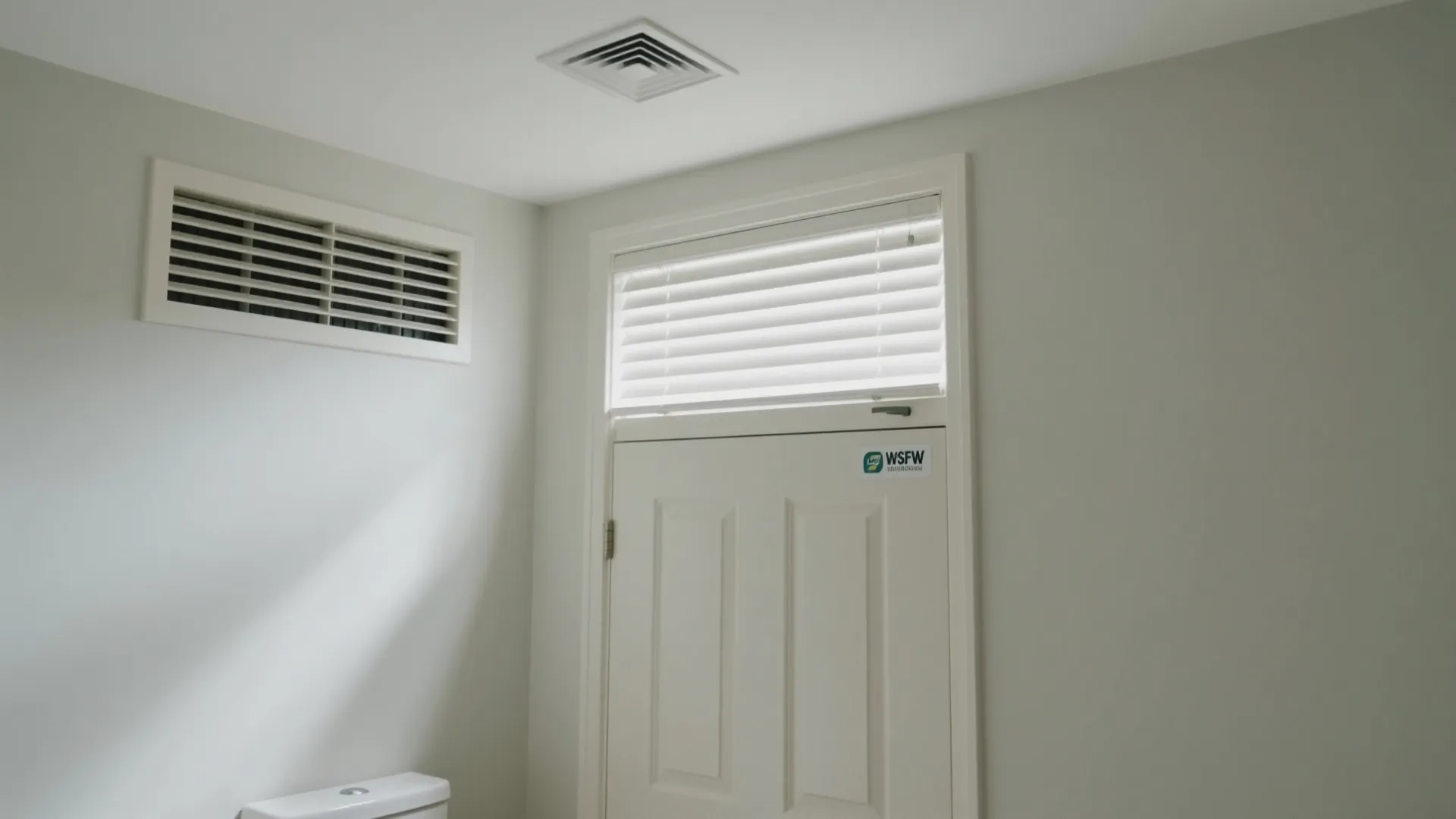 UPVC louvered toplight above a bathroom door with a discreet ceiling exhaust grille.