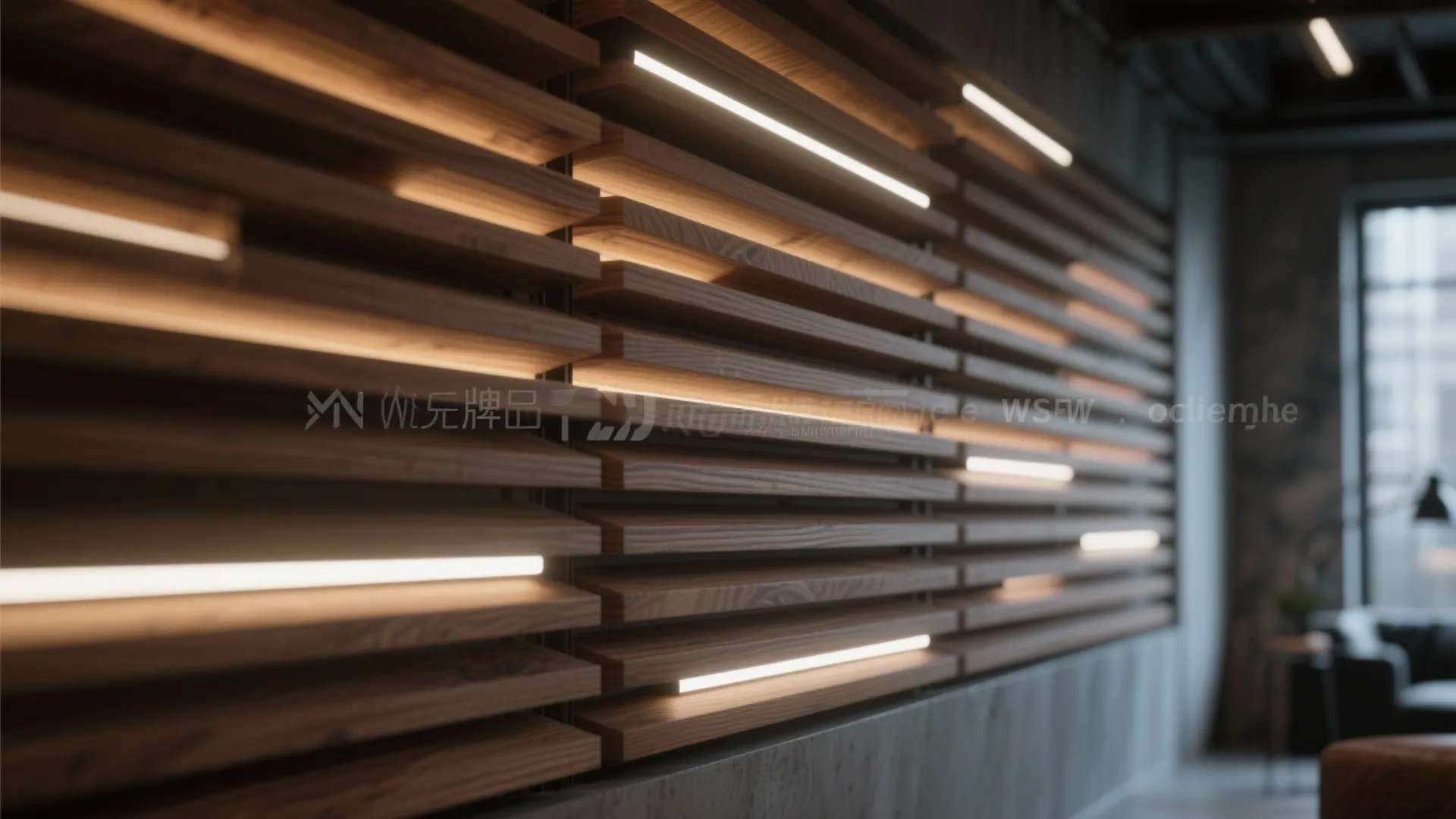 Close up of wooden wall panel with built in horizontal light strips in a modern room