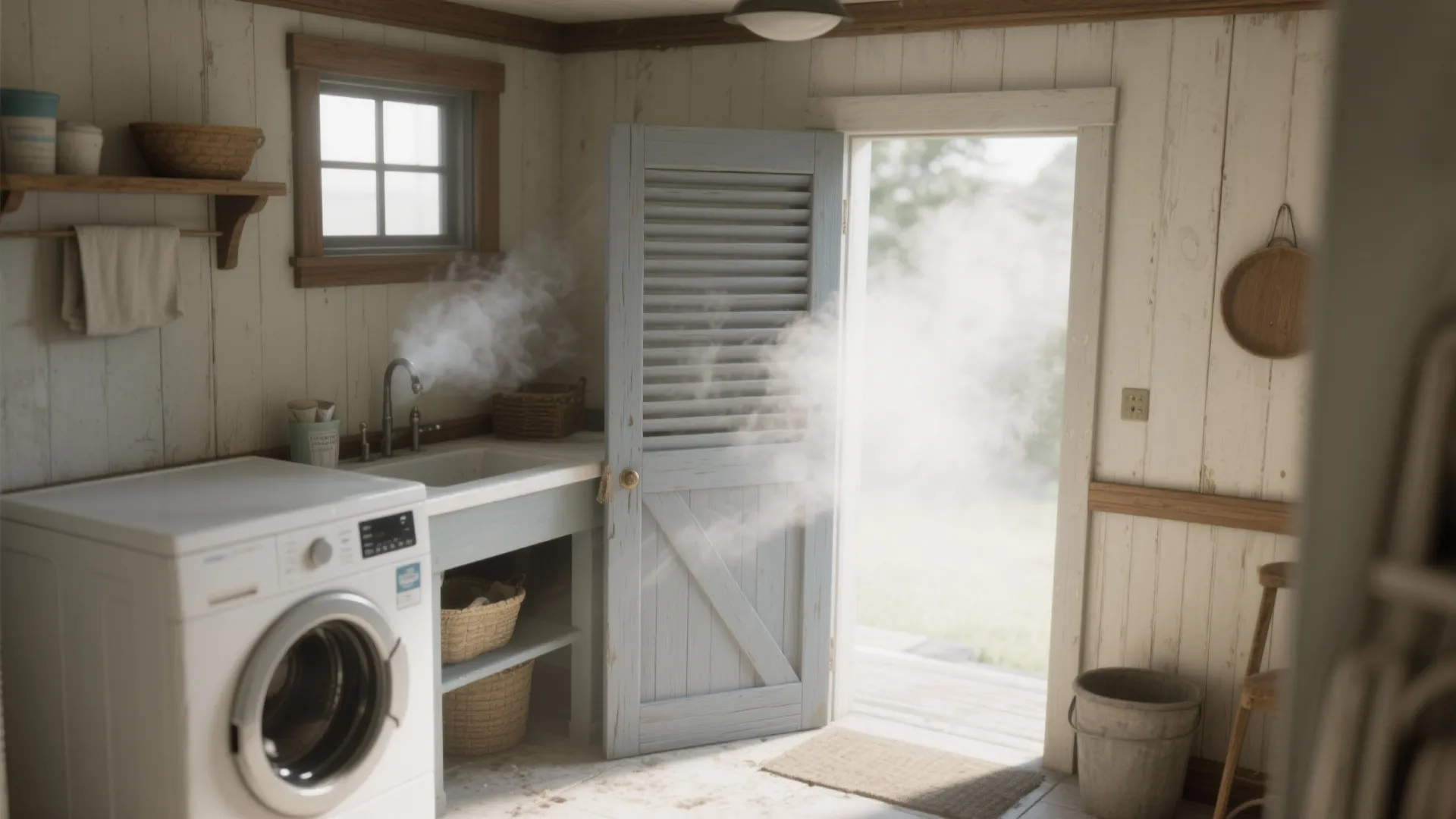 Rustic laundry room with white washing machine sink wooden window and light blue slatted barn door